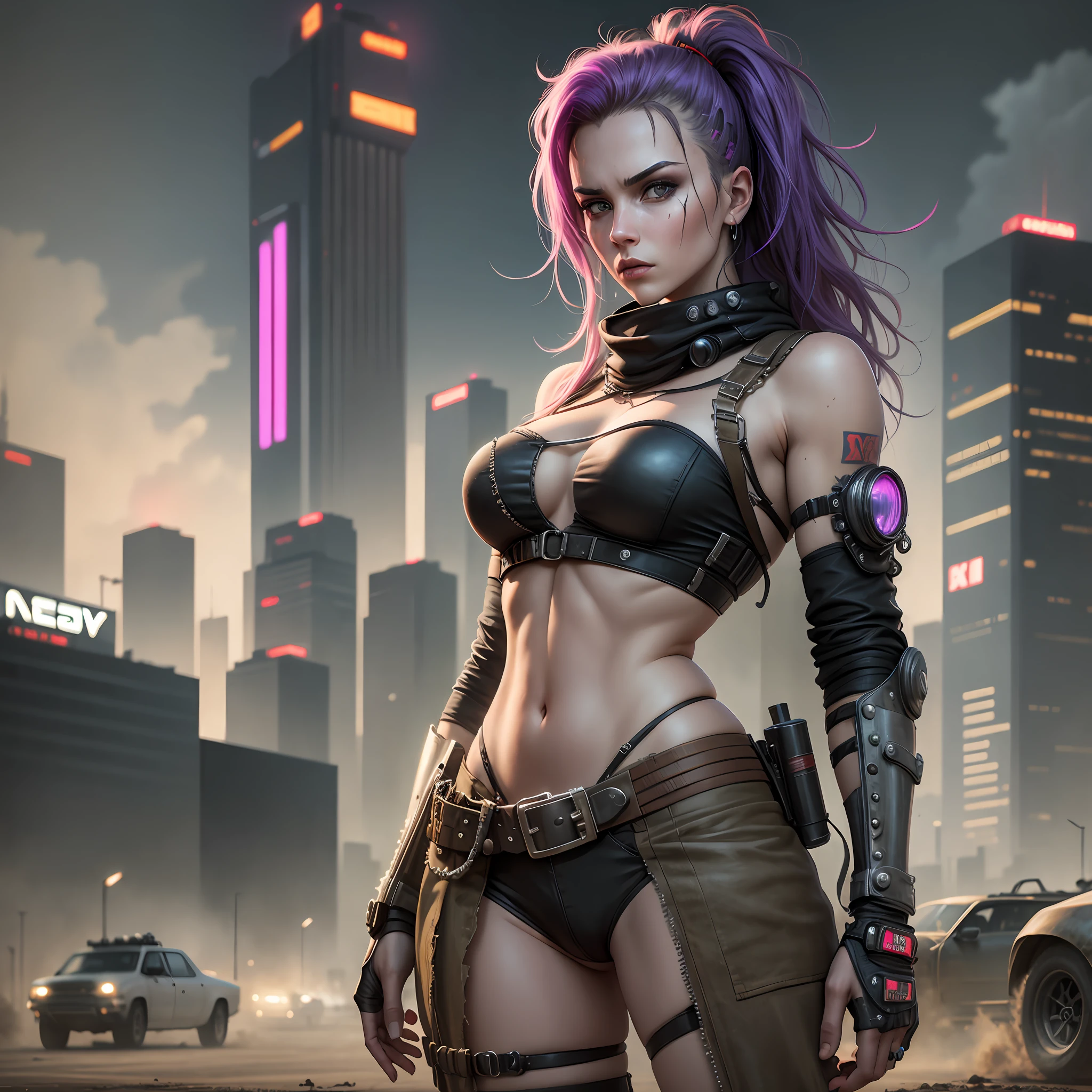 Top quality, best quality, real photo, woman with real skin, realistic, real woman, real woman, cyberpunk style american woman in a mad max world. --auto --s2