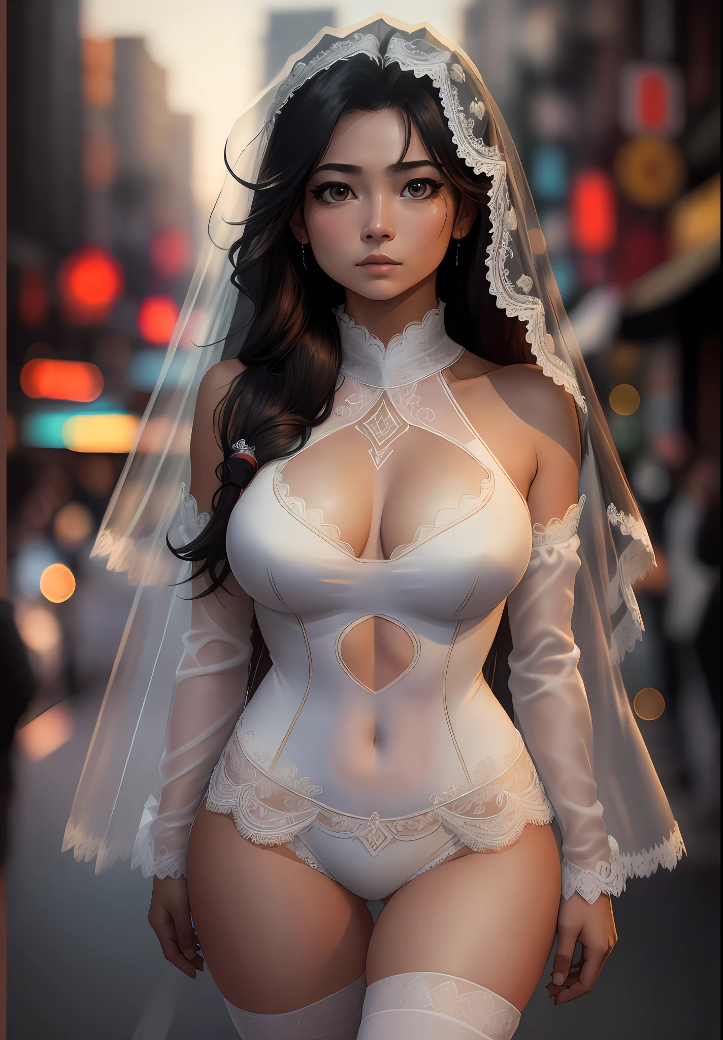 award winning photo, masterpiece, highest quality, extremely detailed,
1girl, upper body, (half side),
detailed russian face, perfect face, Age:21, long hair, (large breasts), skinny,
see-through, indistinct tiny,
wedding veil, white thighhighs, lace trim, delicate clothing cutout, detached sleeves, straight hair, bright skin, sweat,
busy street, dusk,
(photorealistic), vivid color, film grain, (vignetting:0.8),
by lee jeffries, nikon d850 film photograph, camera f1.6 lens hyper realistic lifelike texture dramatic lighting trending on artstation cinestill 800,
high contrast, deep shadows, dynamic light,