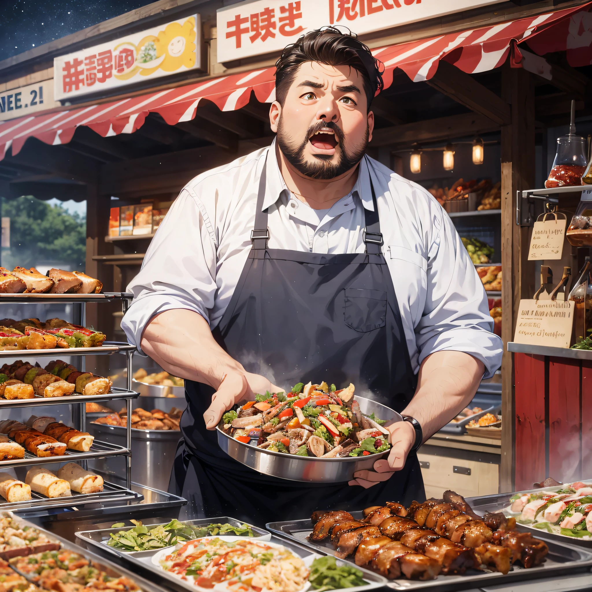 Absurd resolution, high resolution, (masterpiece: 1.4), hyper-detail, night, in front of barbecue food stall, middle-aged fat man dressed up as chef, open mouth looking at the sky, very shocked expression