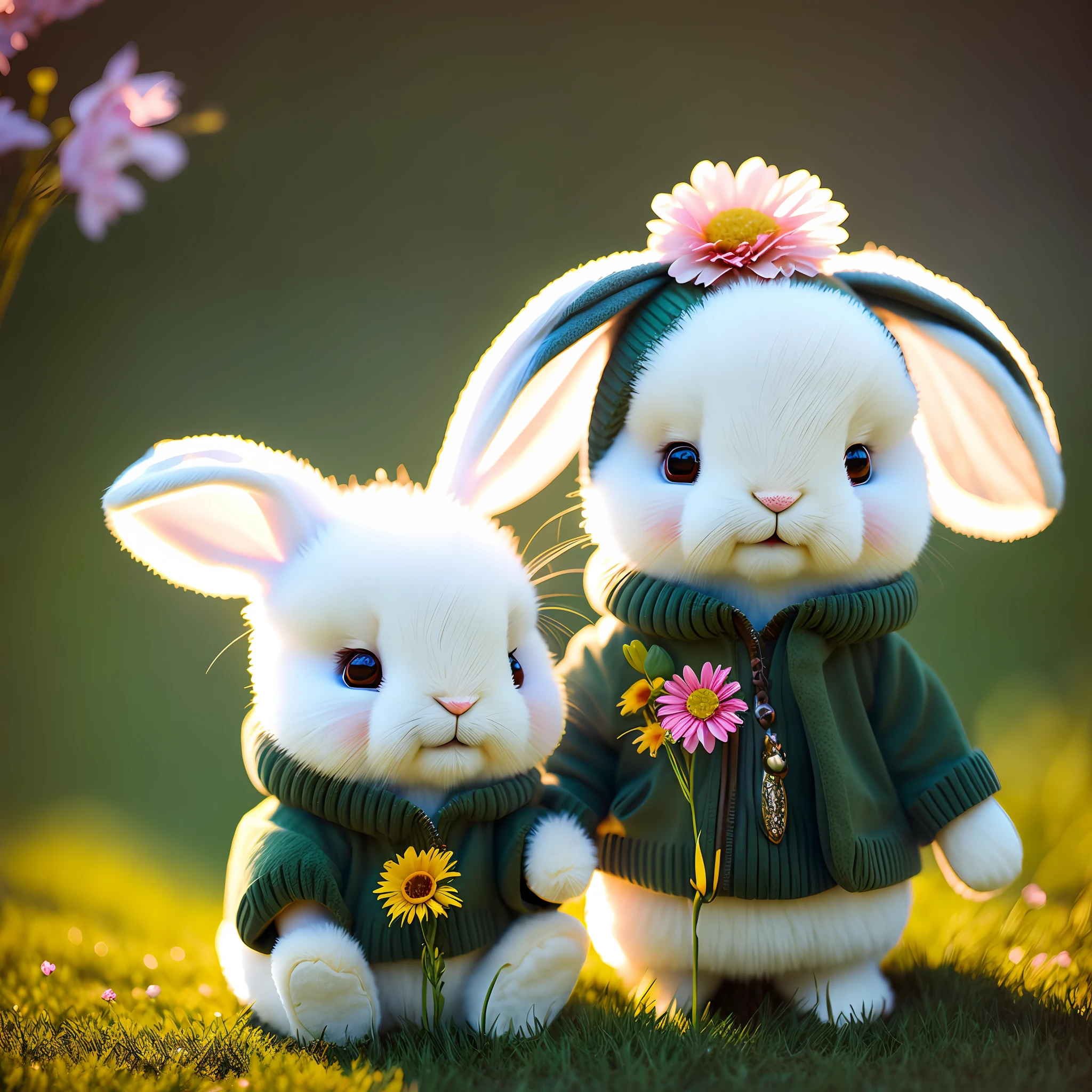 rabbit, blur, flower, natural, no_contrast, depth of field, style to8contrast, dark_glam, using drk_glam, deep shadows, (dark: 1.4) beautiful, cute, photorealistic, soft lighting, stuffed animal style, warm clothing, sunny day, on green grass, with flowers
