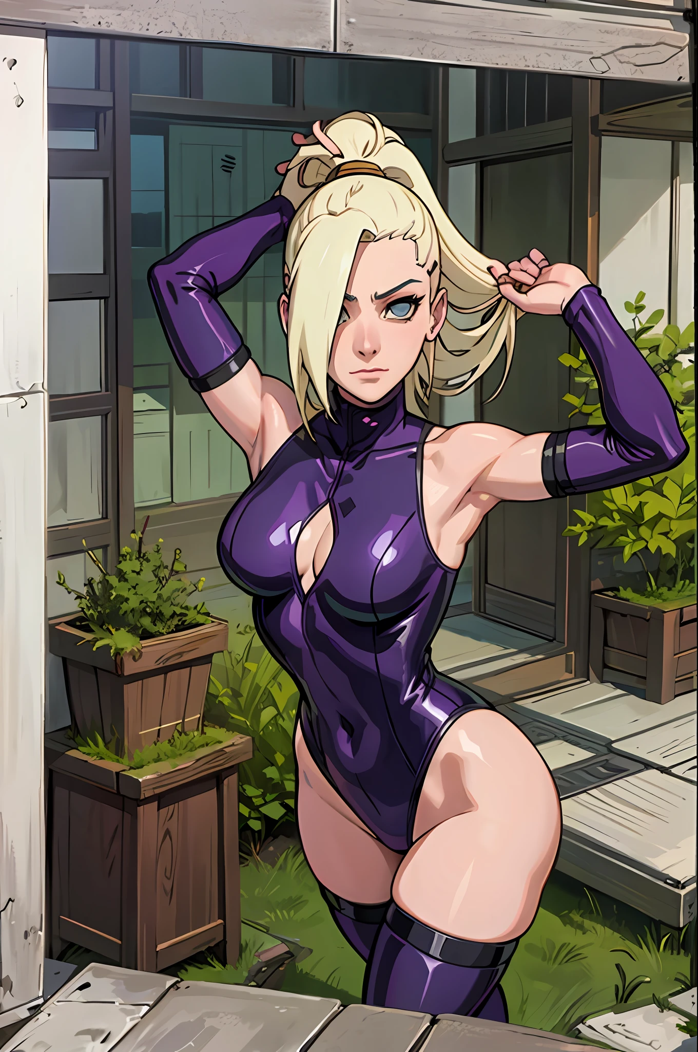 masterpiece, yamanaka Ino, solo, black and purple bodysuit, wide hips, ass, medium chest