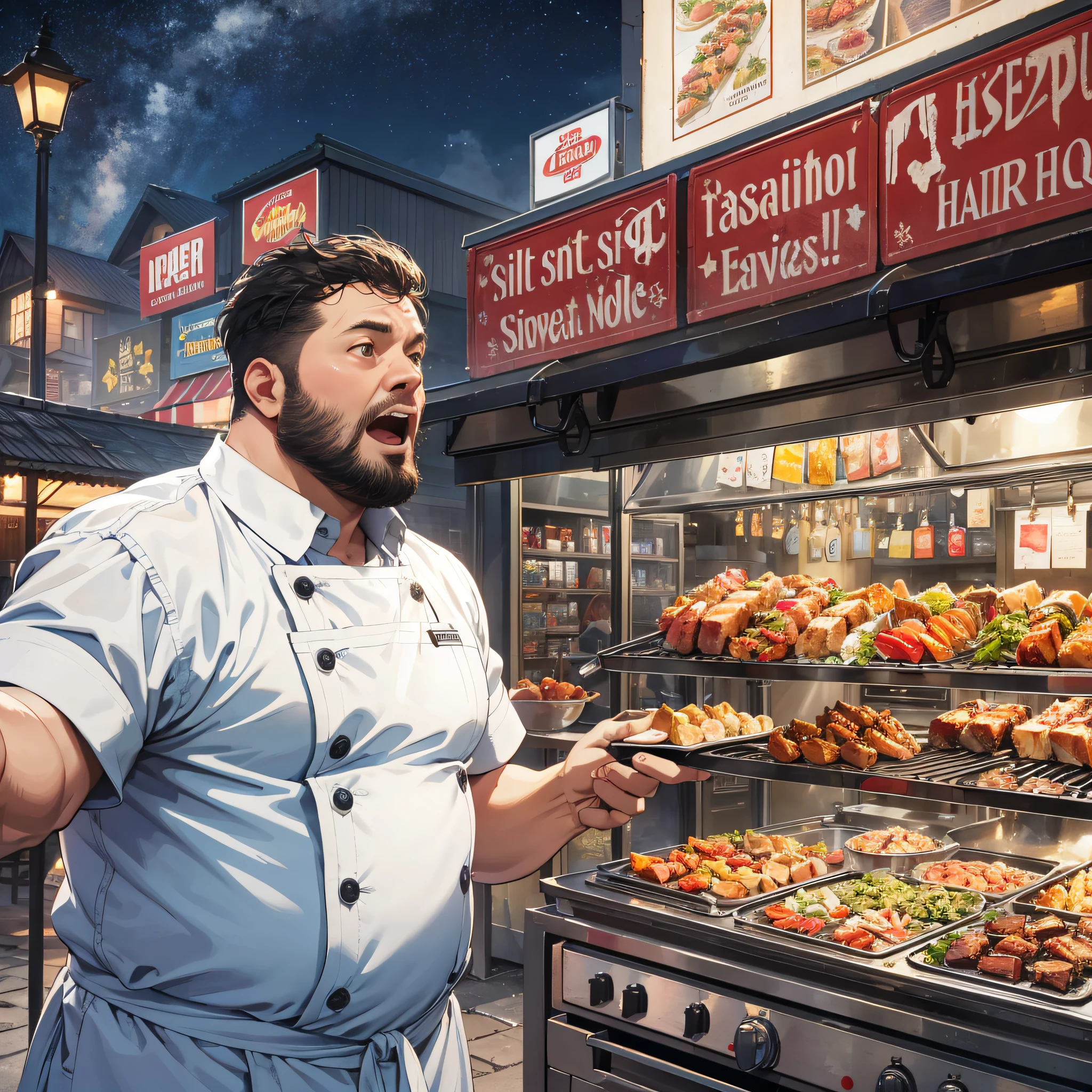 Absurd resolution, high resolution, (masterpiece: 1.4), hyper-detail, night, in front of barbecue food stall, middle-aged fat man dressed up as chef, open mouth looking at the sky, very shocked expression