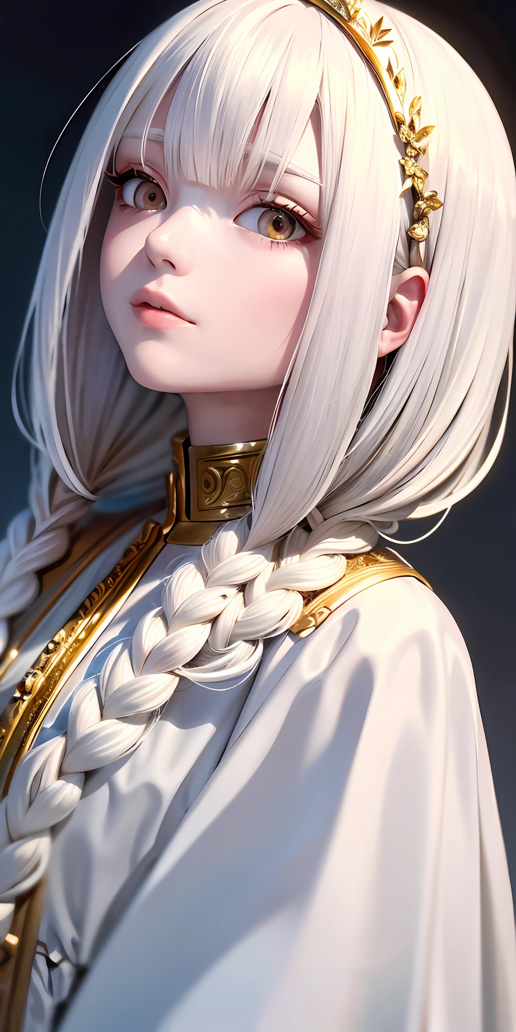 best quality, masterpiece,white hair, gold eyes,white clothes, looking up, upper body,hair strand,Fair skin,side braids