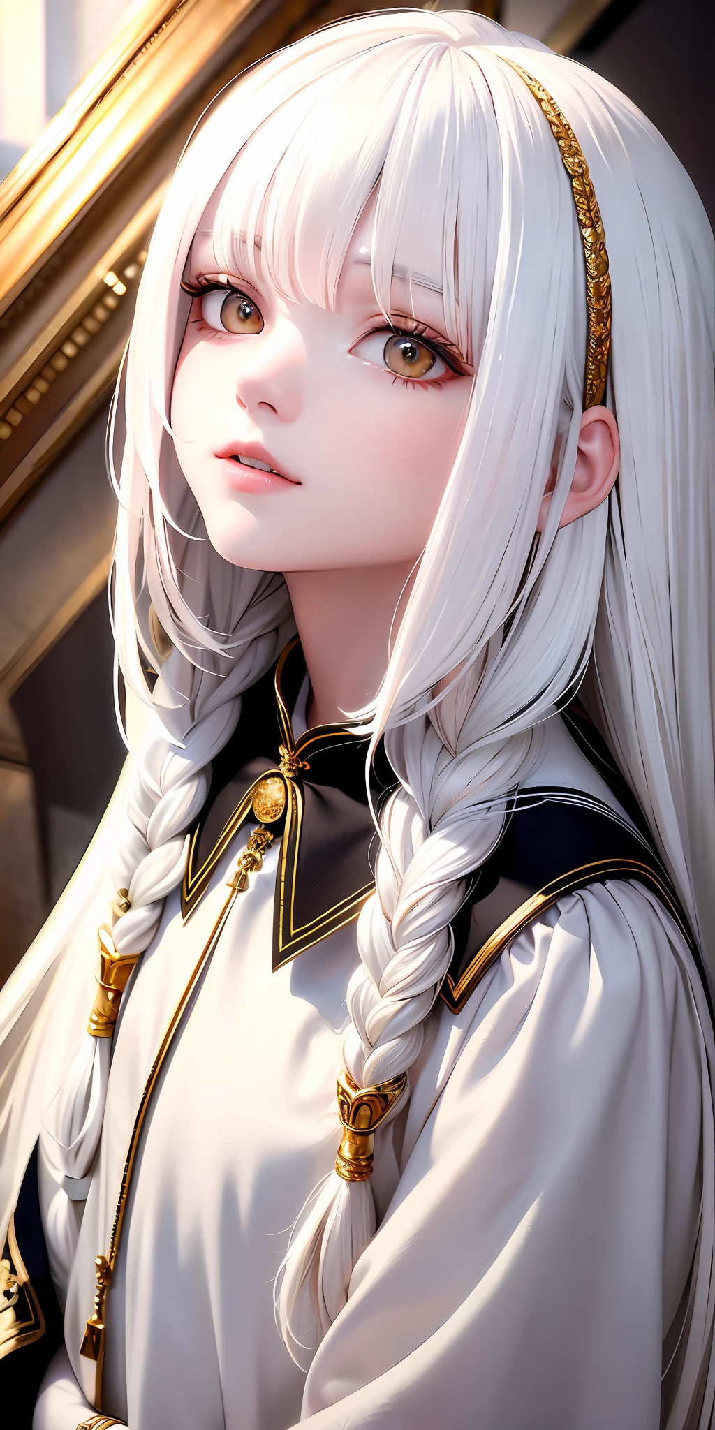 best quality, masterpiece,white hair, gold eyes,white clothes, looking up, upper body,hair strand,Fair skin,side braids