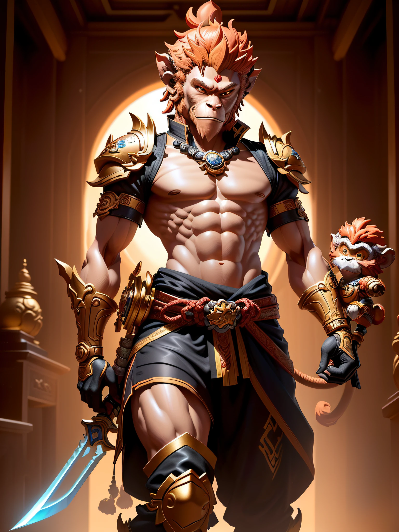 a close up of a figurine of a monkey with a sword, sun wukong, wukong, monkey king, vinyl toy figurine, humanoid monkey fantasy race, hyperdetailed fantasy character, by senior character artist, the style of wlop, cg artist, style of wlop, pvc figurine, tabaxi monk, high quality character design, wlop!!