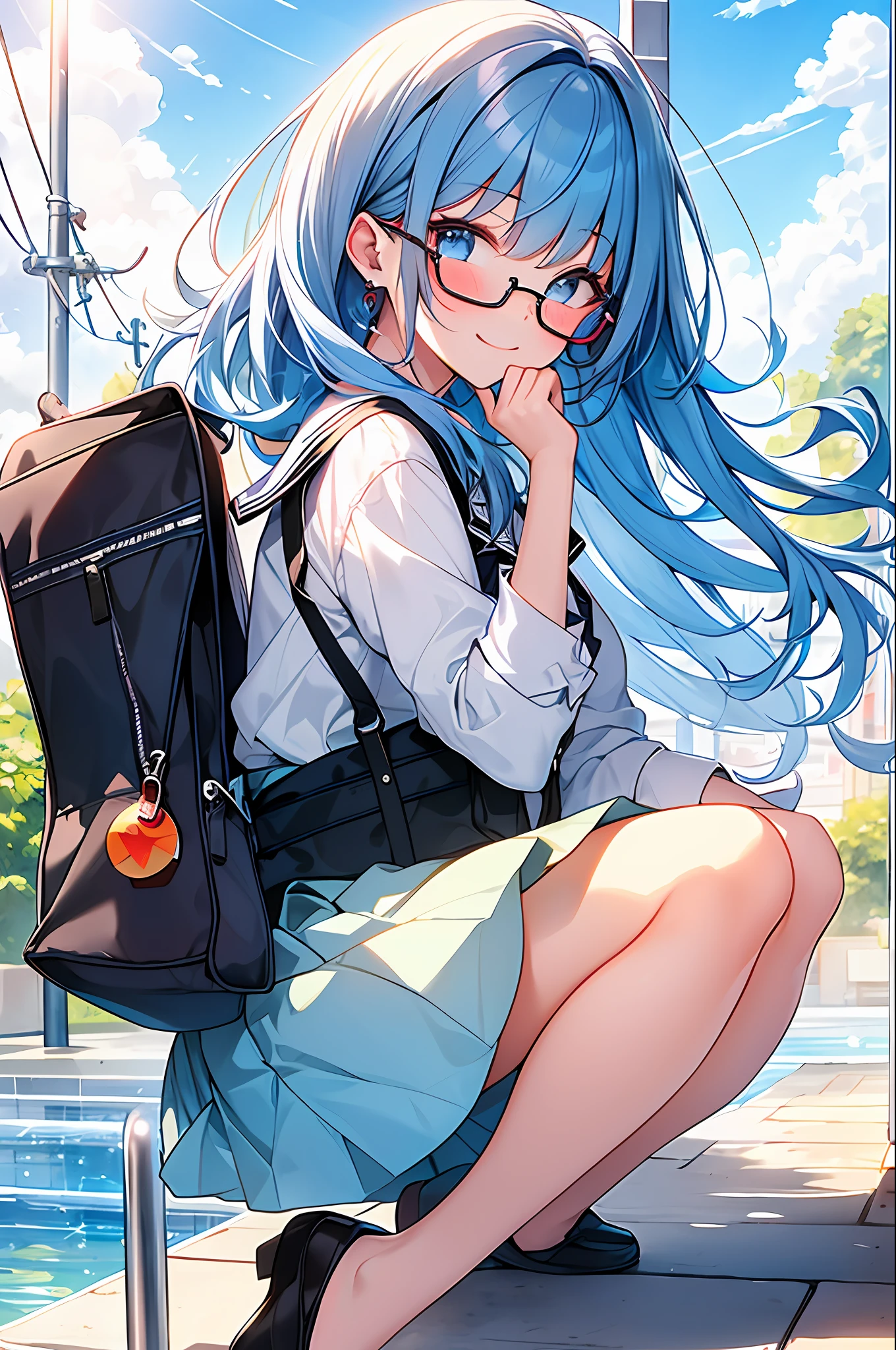 (Masterpiece, Best Quality, Best Quality, Watercolor (Medium), Official Art, Beautiful and Aesthetic: 1.2), (1 Girl: 1.3), (Fractal Art: 1.3), Full Body, Star-shaped Pupil, Viewer's Look, Pattern, (Blue Hair, Light Blue Hair, Half Blue and Half Light Blue Hair: 1.2), Water, Liquid, Cloud, Colorful, Sun, Sunlight, Cheeks Red, Smile, Glasses, Heterochromia, (Colorful: 1.5), Wet, School Uniform, Student Bag