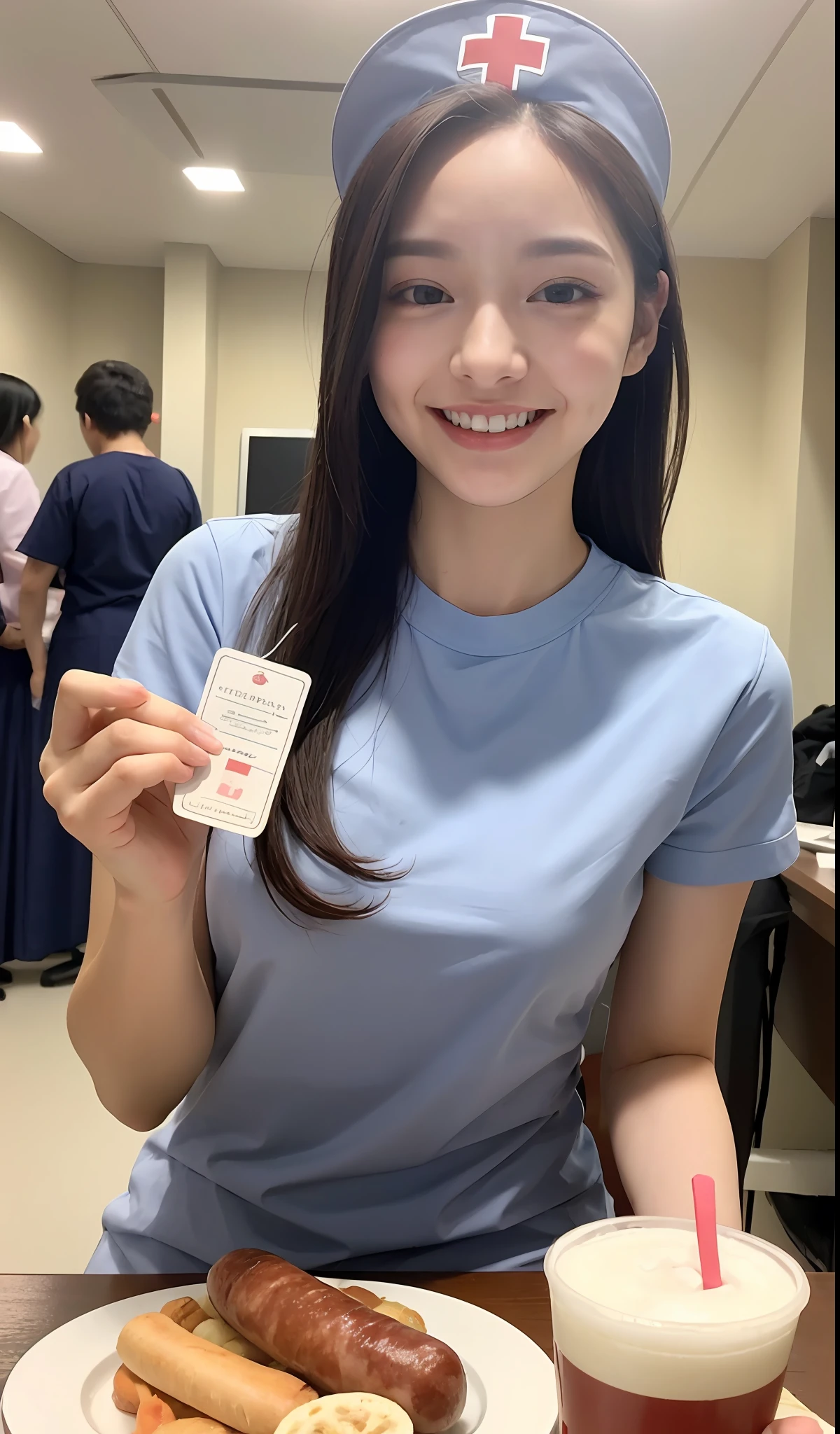 (Representative Works: 1.2), (Ultra Details: 1.0), 20-year-old girl, Smiling, Tipster,, Look at the viewer, No makeup, Blurred background, Hospital, (Nurse: 1.0), Eating sausage