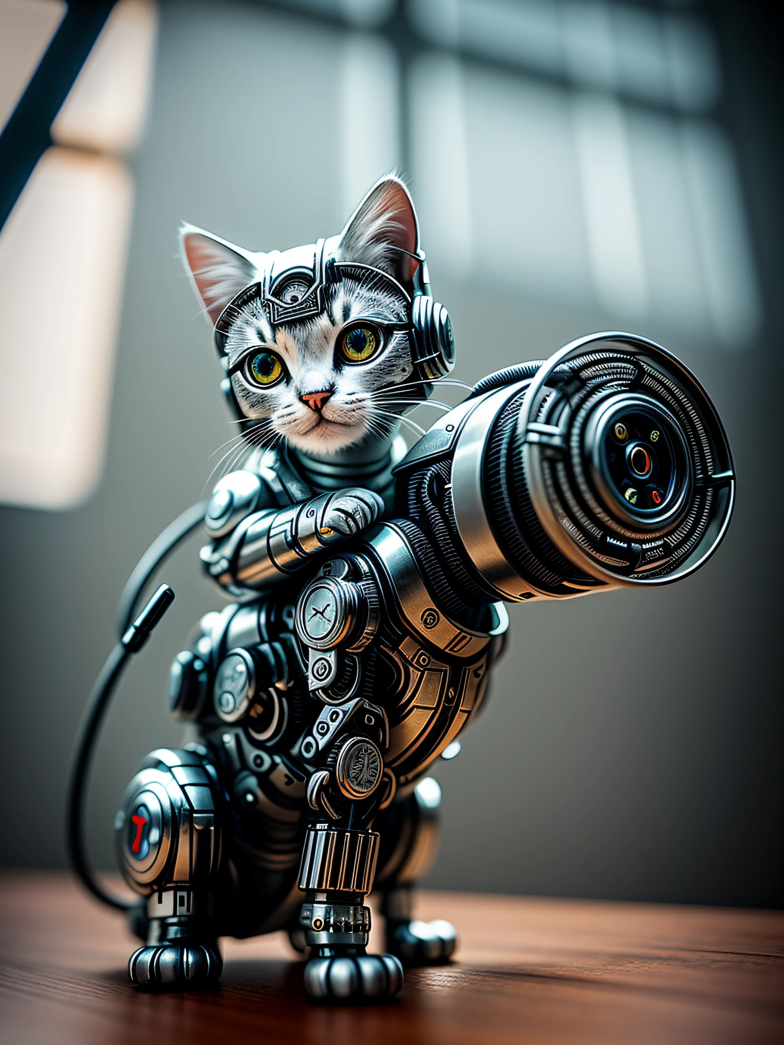 A cute kitten made of metal, (cyborg: 1.1), ([Big tail | intricate wire]: 1.3), (intricate detail: 1.2), HDR, (intricate detail, hyperdetail: 1.2), cinematic shot, vignette, centered