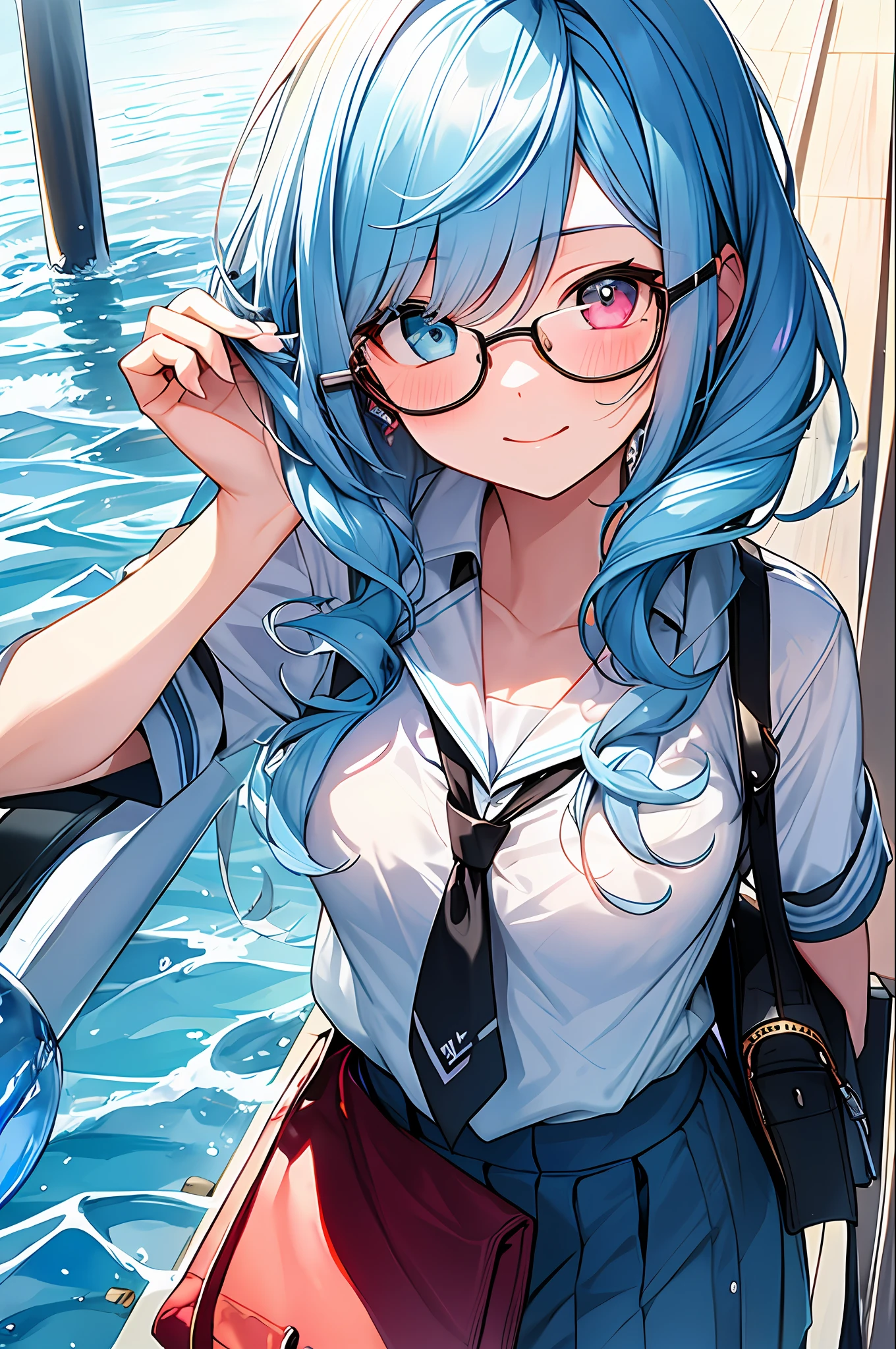 (Masterpiece, Best Quality, Best Quality, Watercolor (Medium), Official Art, Beautiful and Aesthetic: 1.2), (1 Girl: 1.3), (Fractal Art: 1.3), Full Body, Star-shaped Pupil, Viewer's Look, Pattern, (Blue Hair, Light Blue Hair, Half Blue and Half Light Blue Hair: 1.2), Water, Liquid, Cloud, Colorful, Sun, Sunlight, Cheeks Red, Smile, Glasses, Heterochromia, (Colorful: 1.5), Wet, School Uniform, Student Bag