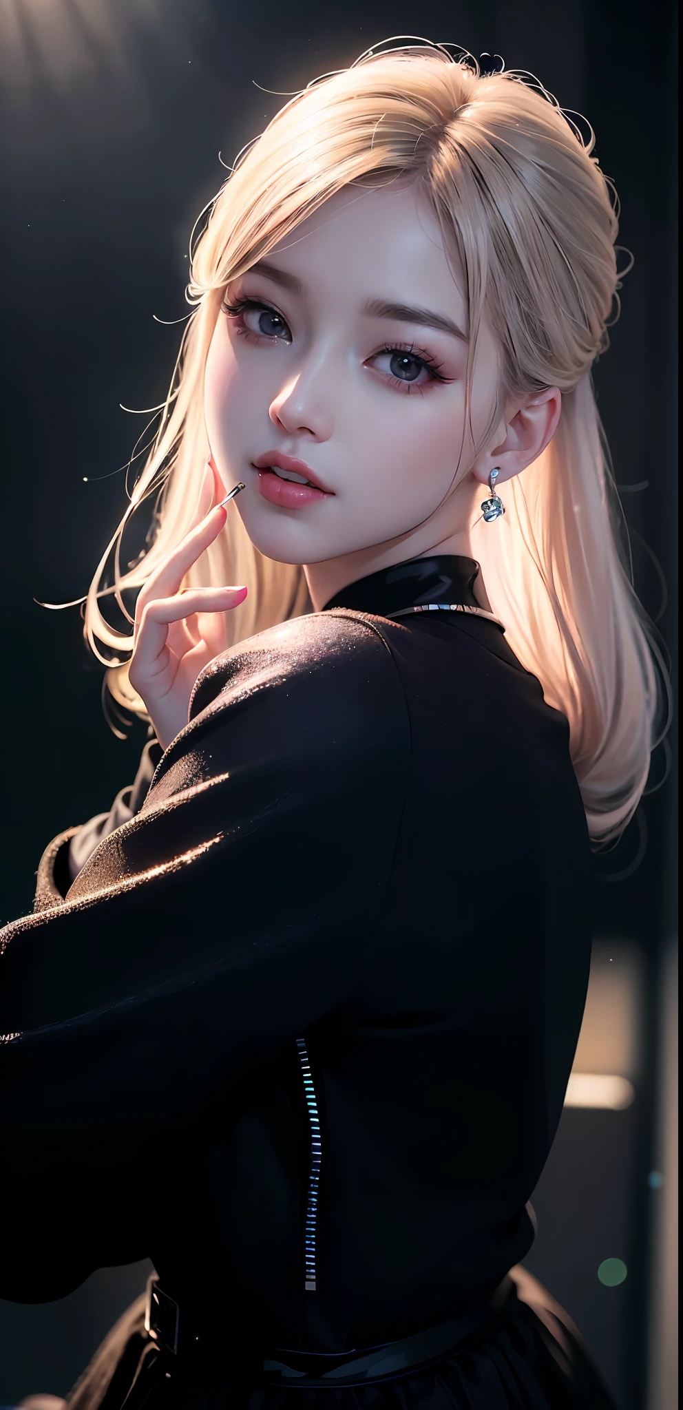 (8k, RAW photo, photorealistic:1.25) ,( lipgloss, eyelashes, gloss-face, glossy skin, best quality, ultra highres, depth of field, chromatic aberration, caustics, Broad lighting, natural shading,Kpop idol) looking at viewer with a serene and goddess-like happiness,