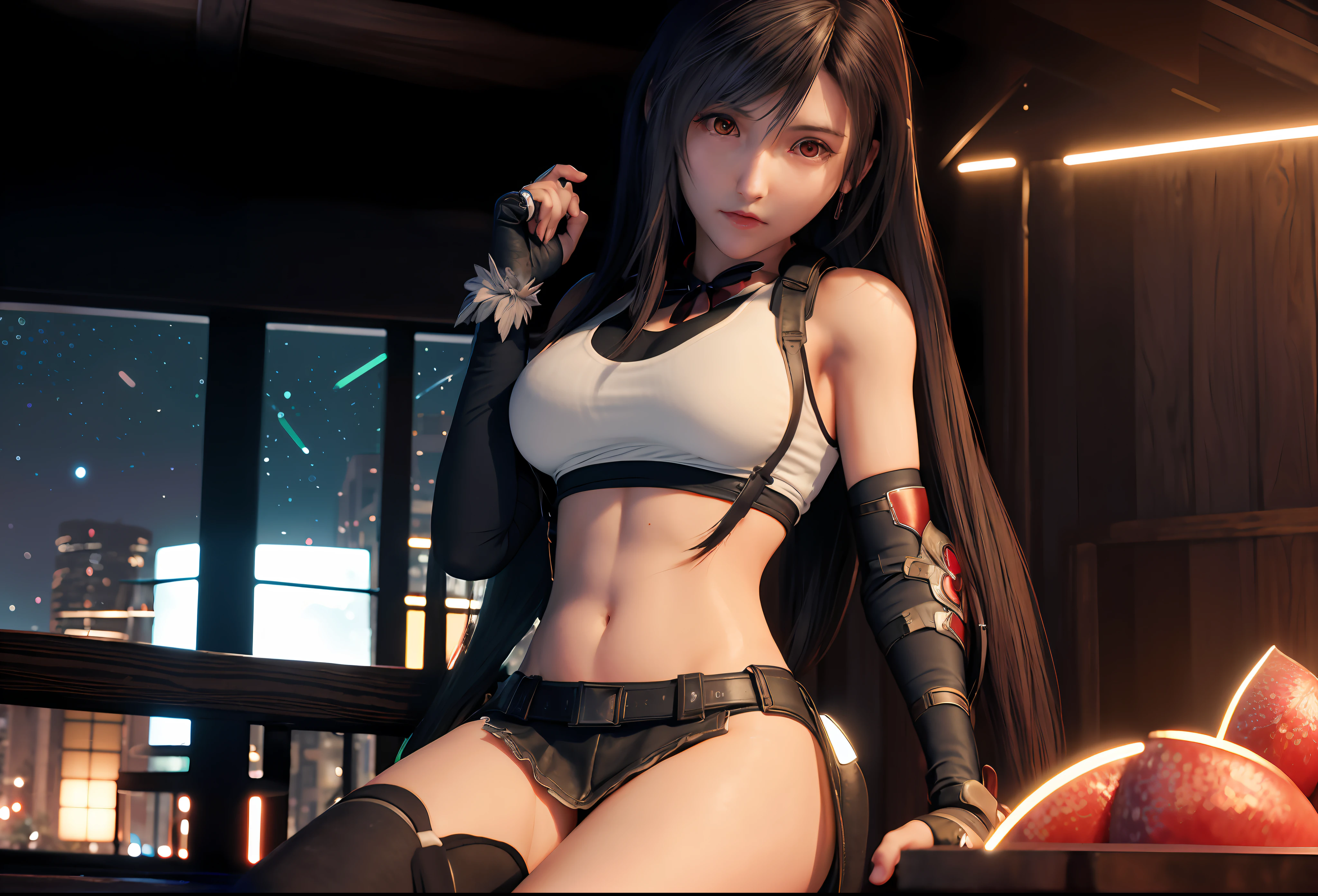 pureerosface_v1,  ulzzang-6500,  corneo_covering_breasts_one_arm, sexy pose, (8k, best quality, masterpiece:1.2), (realistic, photo-realistic:1.37), ultra-detailed,
1 girl,cute, solo, (tifa lockhart), (big breasts),(beautiful detailed eyes), (smile:1.2), (closed mouth), arms behind back,
neon lights, cityscape, depth of field, dark intense shadows, sharp focus, cars, motion blur, motor bikes, depth of field, good composition, green glowing light,
Final Fantasy VII, dating,(nose blush), single elbow pad, black hair, red shoes, muscular,abs,taut shirt,no bra,black skirt, thighhighs, full body, head rest, lips, pretty face, low-tied long hair, ((red_eyes)), yellow flowers, (night:1.3), intricate, bokeh, cinematic lighting, photon mapping, radiosity, physically-based rendering, (Tetsuya Nomura style)