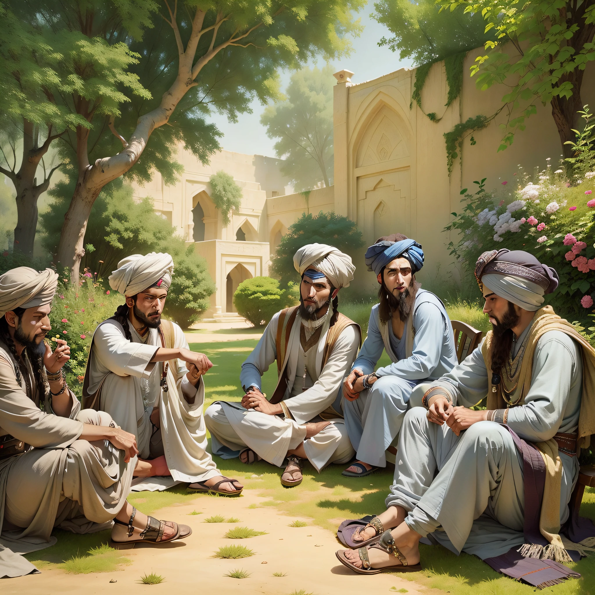 A multipe tribal Pashtun warriors , grey lungee afghan turban , shalwar kameez, sitting and talking in royal garden of Afghanistan , --auto --s2