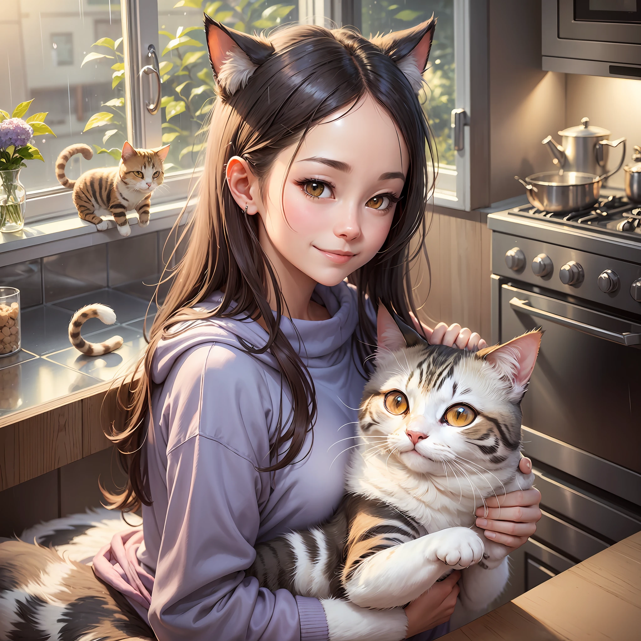 there is a woman holding a cat in a kitchen with a window, wearing sweatshirt, small breast, smiling,kawaii realistic portrait, artwork in the style of guweiz, realistic anime cat, wlop and sakimichan, hydrangea, rainy day