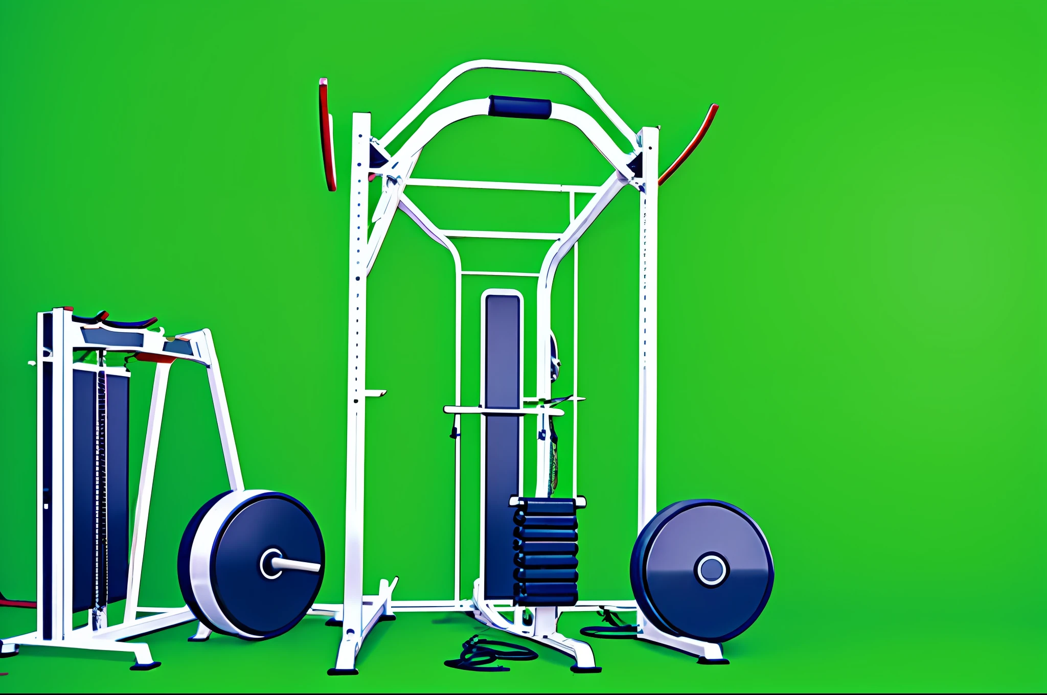 Green background with the shade of some exercise machines, fruits and tape measure
