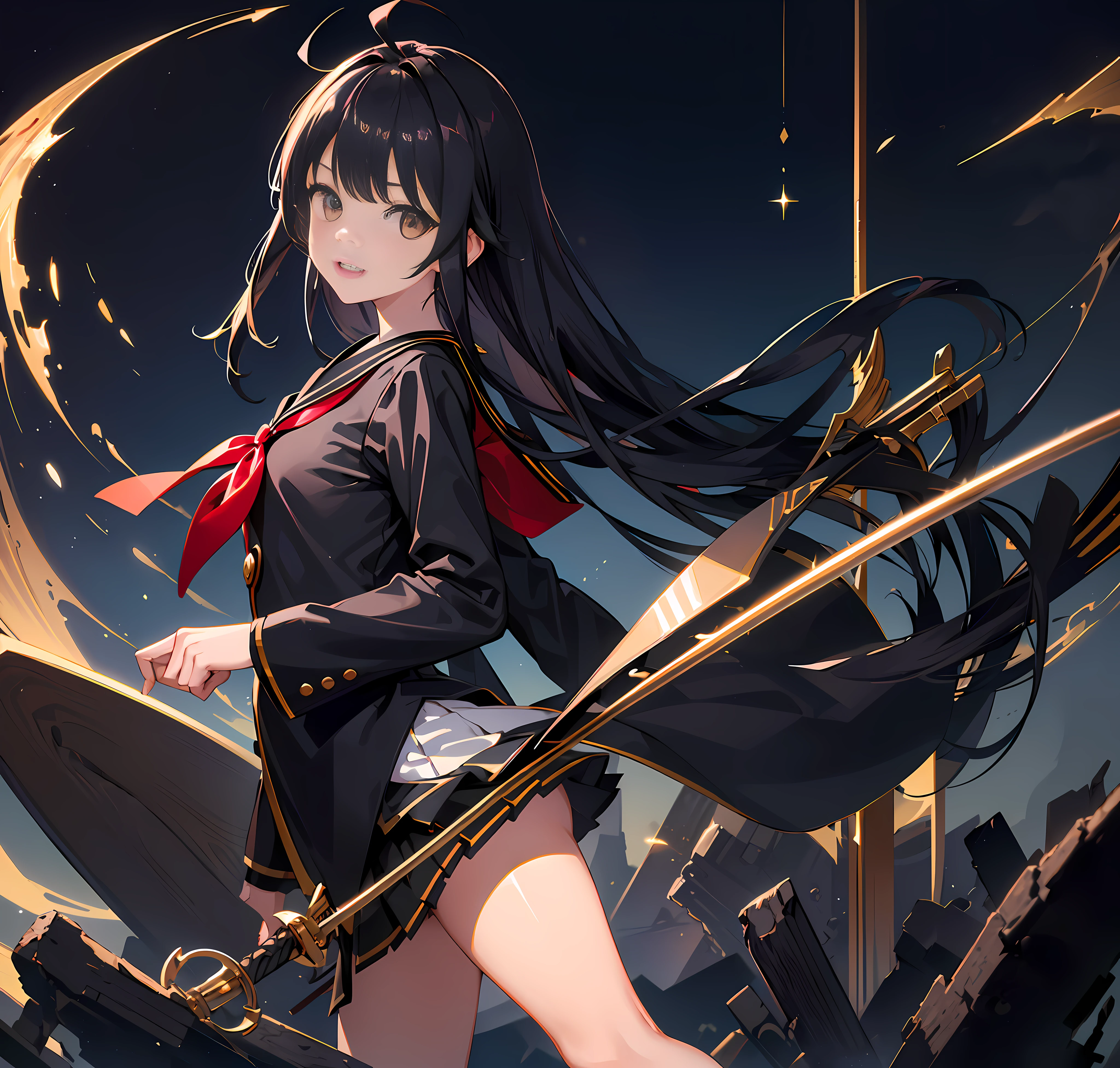 (Beautiful Girl, Black Long Hair + Small, Double Teeth, Sailor Suit, Blazer, Japan Sword:1.2, Magic Wand, Otherworldly Ruins, Dynamic Angle Scene, Staring Perspective, Partial Bokeh, Colorful Light Source with Light Placement, Golden Twin Tail Hair: 1.3+Ahoge: 0.9)