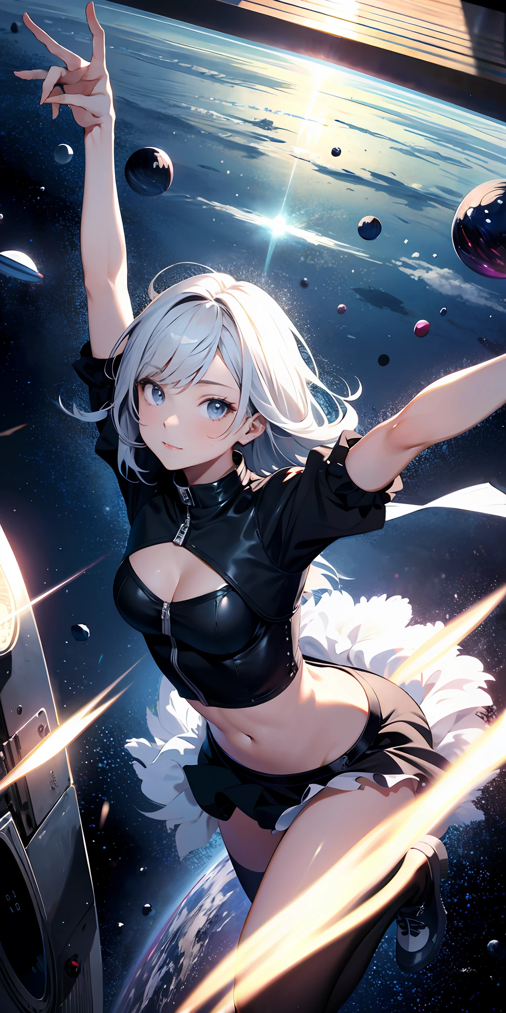 absurd res, high res, (masterpiece:1.4), ultra-detailed, 1girl, from above, space, floating