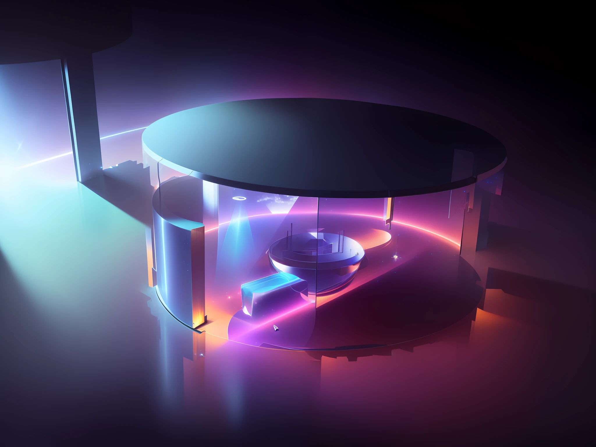 Cylindrical space with glass countertops and metal base tables, surrounded by a shopping mall Surrealism, vanishing point, sparkle, sparkle, glowing light, god rays, macro photo, UHD, retina, masterpiece, UHD, retina, 1080P, best quality