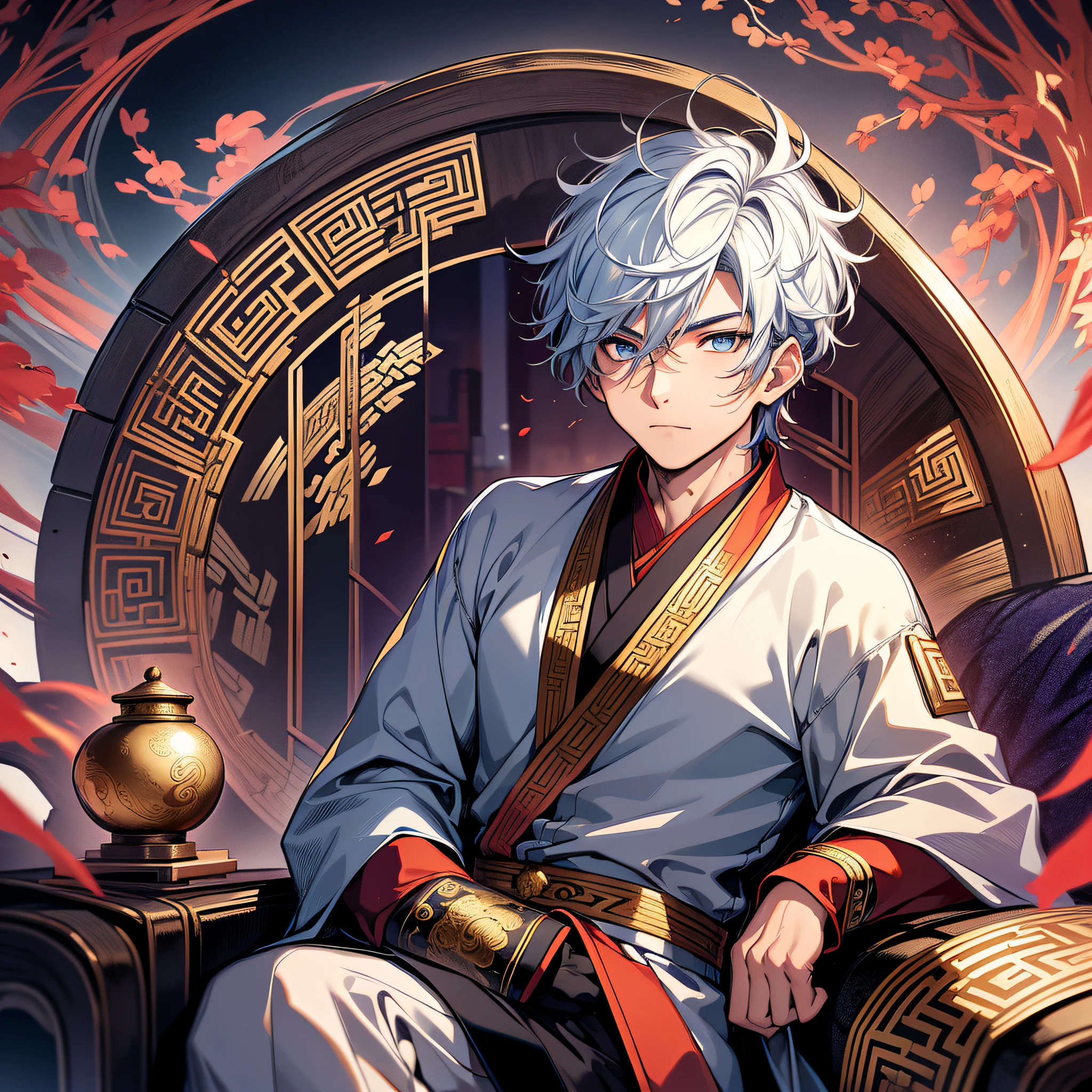Ultra HD, Super Detail, High Detail, Best Quality, High Quality, A boy with short white hair, wearing Chinese purple-gold Taoist robe, blue eyes, lightning mage, Chinese dragon background, in front of Taoist temple, sitting on dragon chair