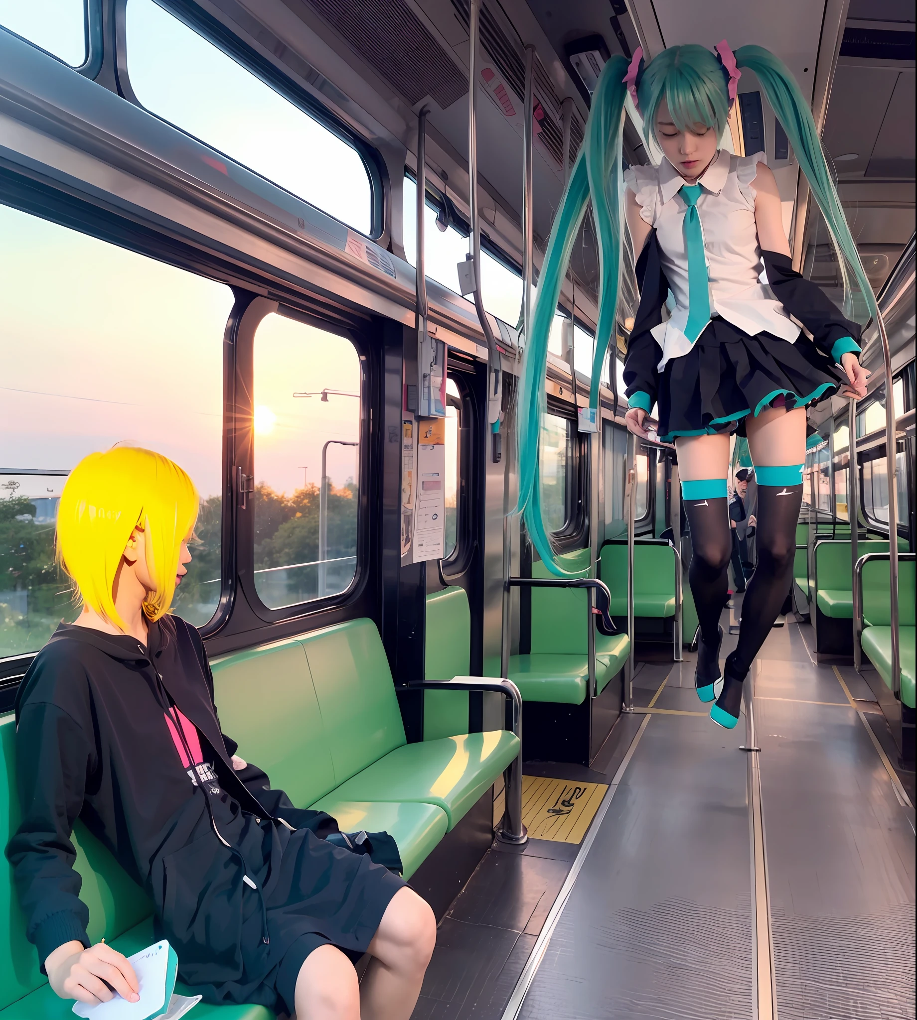 Hatsune Miku, levitation,mouth closed, weaknessed, eyes closed, on train,sleeveless shirt,sunset,blonde jk,