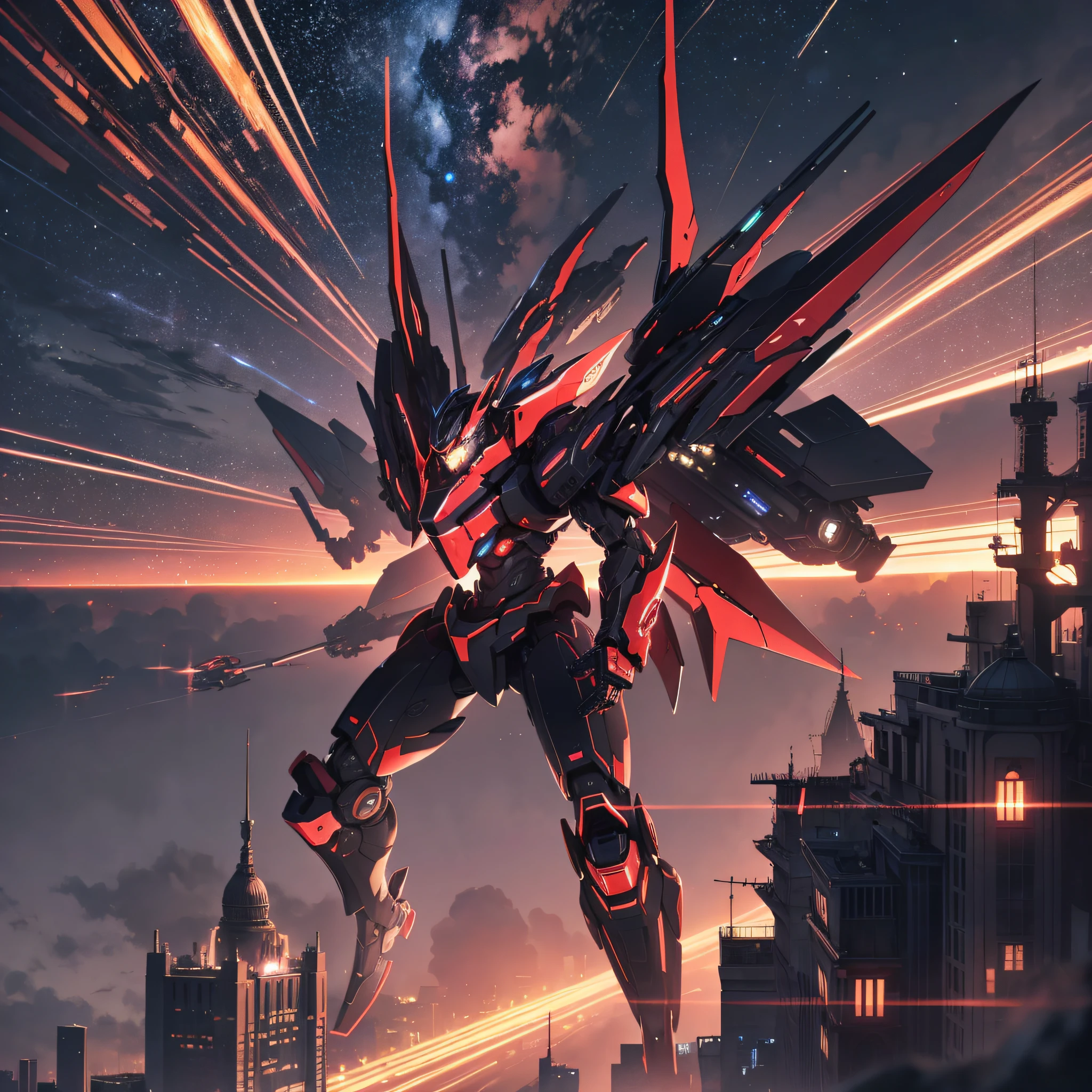 Absurd resolution, high resolution, (masterpiece: 1.4), hyper-detail, night, a red mech, flying in the sky (1.8) above the city,