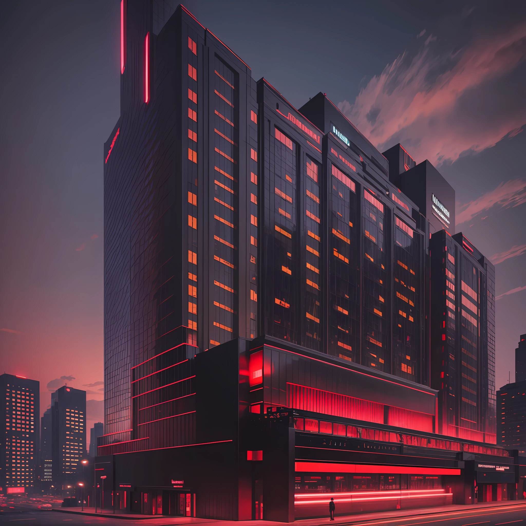 The Intercontinental Hotel, Architecture, Black building, red light neon building, futuristic architecture style, high details, photorealistic, night, --auto --s2