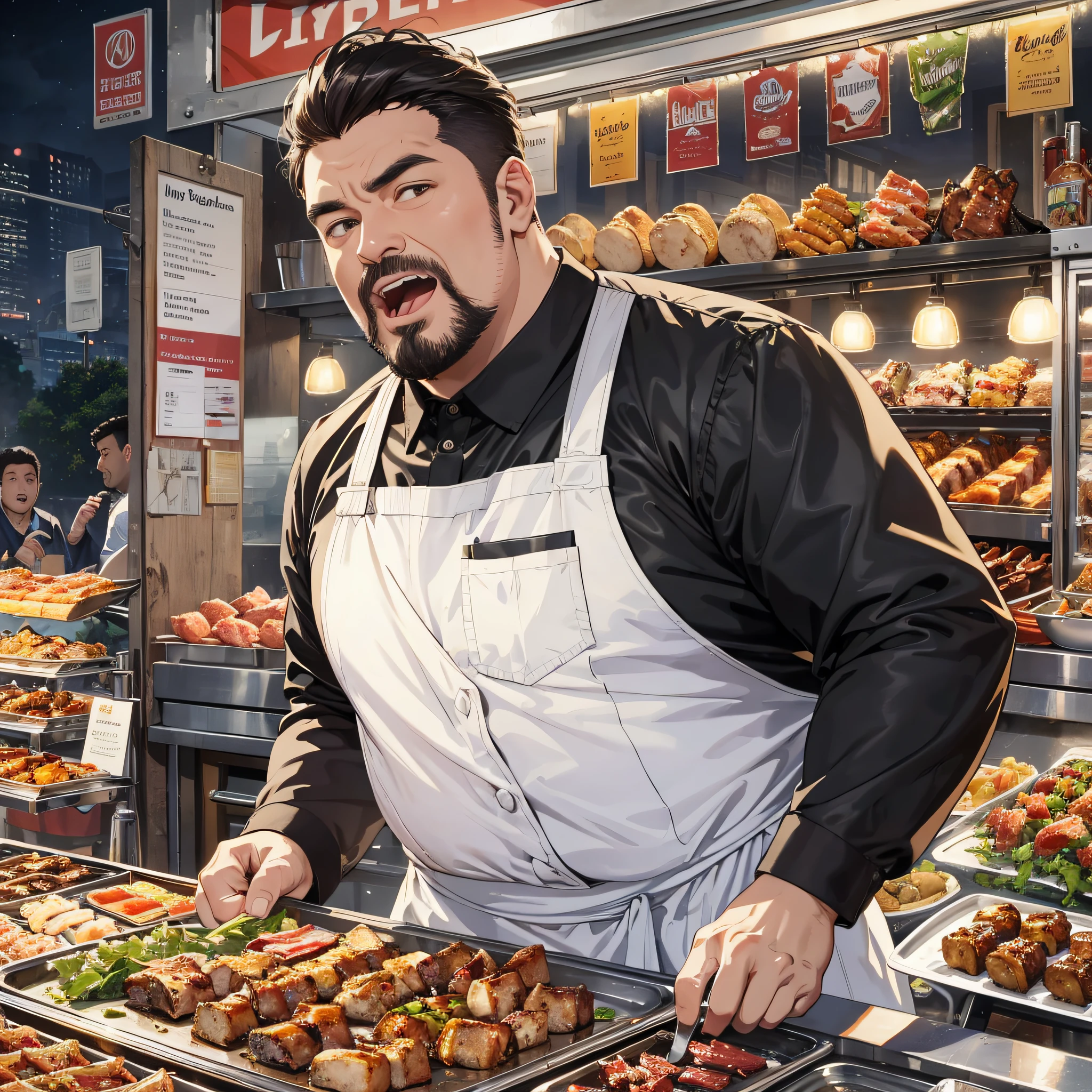 Absurd resolution, high resolution, (masterpiece: 1.4), hyper-detail, night, in front of barbecue food stall, middle-aged fat man dressed up as chef, open mouth looking at the sky, very shocked expression