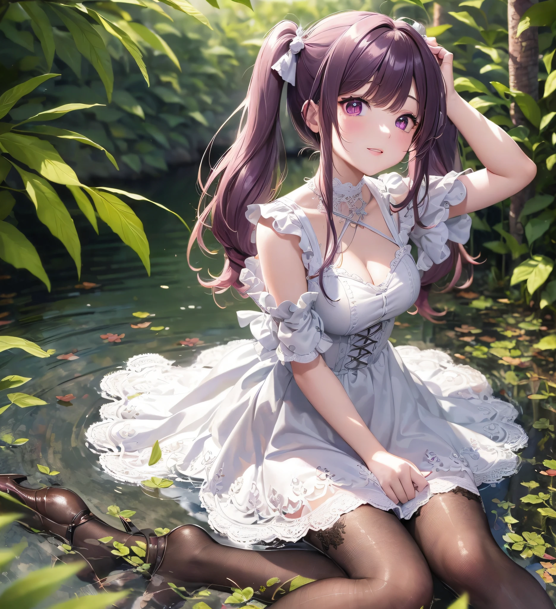 , sitting on ground,,,medium hair, (magenta), blunt bangs, (twintails: 1.3), purple eyes, light smile, (full body), loli, (cute face: 1.5), solo, (white dress: 1.3), (white pantyhose: 1.3), lace-up heels, necklace, hairpin, (mini girl: 1.3), dynamic angle, floating, frills, painting, depth of field, nature, beautiful detailed girl, extremely detailed eyes and face, beautiful detail eyes, detailed light, film lighting, lens flare, light leakage, sunlight, shine , beautiful detail glow, ridiculous, incredibly ridiculous, huge file size , super detailed, high resolution, extremely detailed, best quality , masterpiece, illustration, extremely delicate and beautiful, very detailed , CG ,unity ,8k wallpaper, amazing, fine detail, masterpiece, best quality, official art, extremely detailed CG Unity 8k wallpaper, studio lighting, high saturation, dramatic angle, reflected light, ray tracing, depth of field, outdoor, (14:1.3)