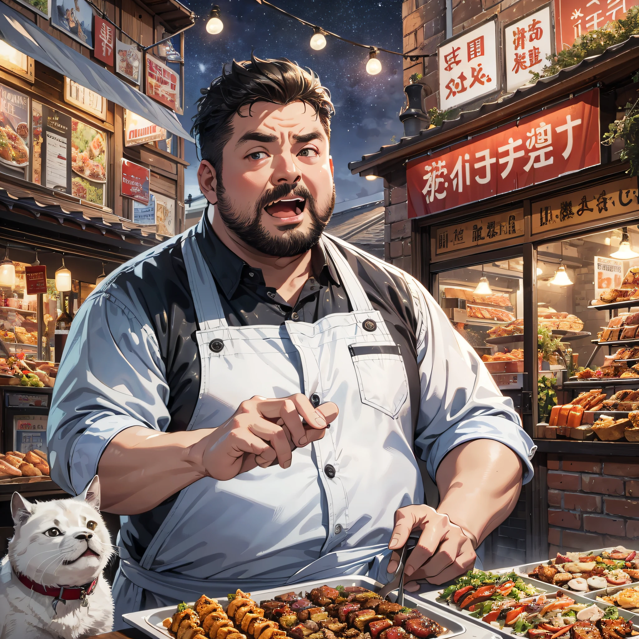 Absurd resolution, high resolution, (masterpiece: 1.4), hyper-detail, night, in front of barbecue food stall, middle-aged fat man dressed up as chef, open mouth looking at the sky, very shocked expression