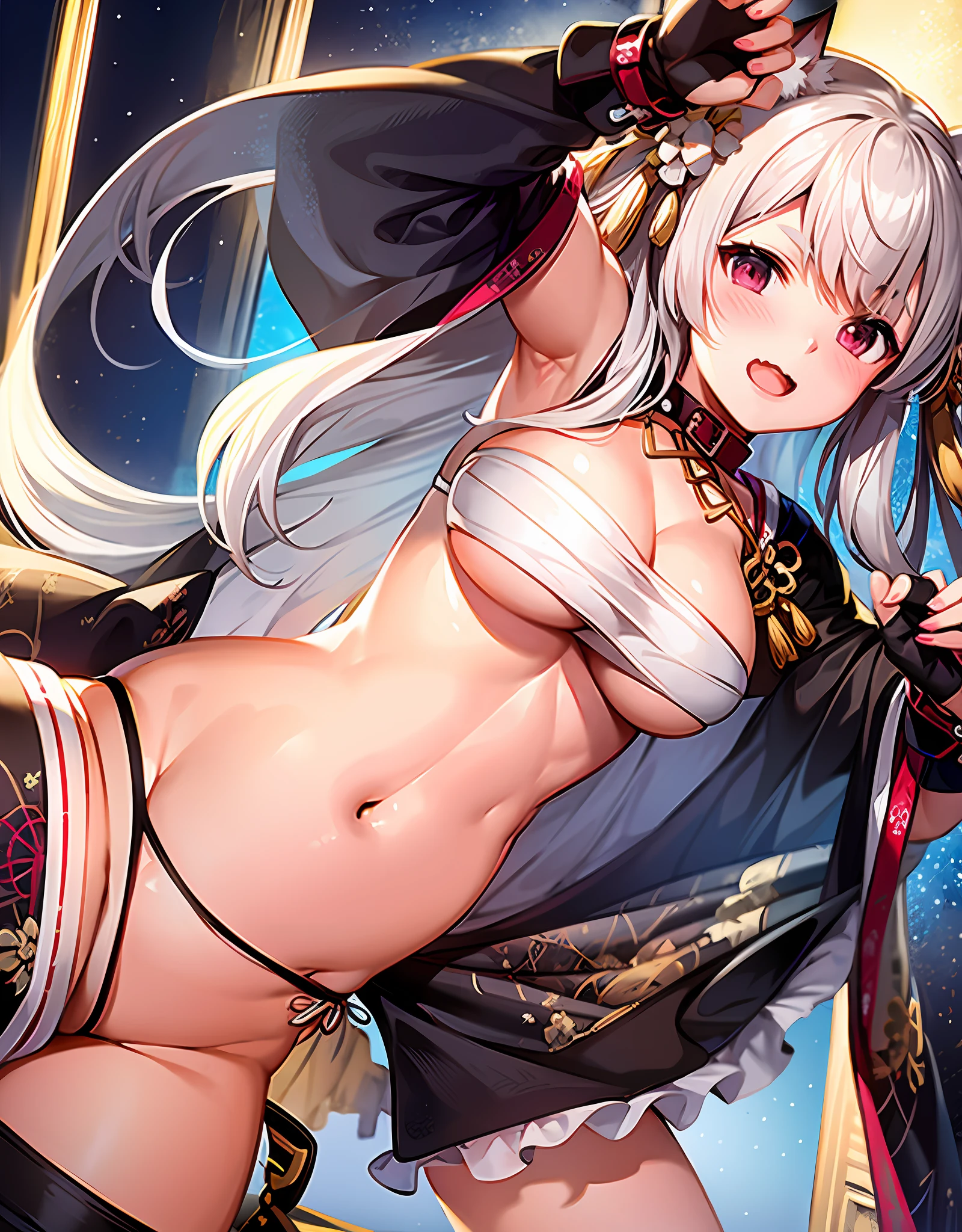 masterpiece,1girl,solo,white hair,twintail,cat ears,blush,open mouth,navel,cleavage, sarashi,paw pose,