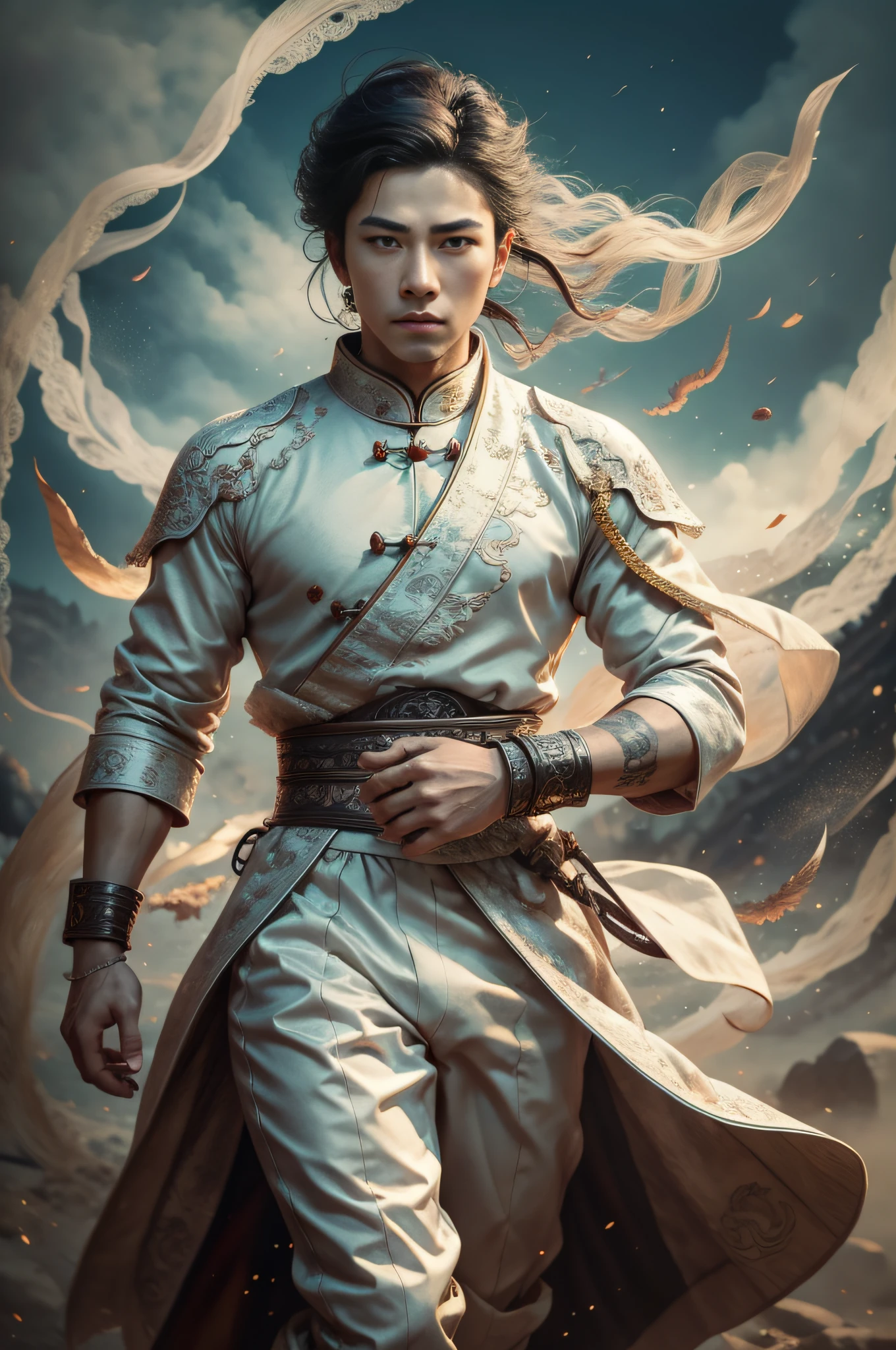 Handsome, 25 years old, Asian, master work, best picture quality, higher quality, high detail, super high resolution, (realistic: 1.4) 8k resolution, delicate facial features, boy, big muscles, tattoo, glowing eyes, short hair, white black hair, hair details, (full body: 0.6), detailed background , [[Look away, look to the side, emphasize homosexuality and pay attention to every detail , open Hanfu transparent tulle jacket, white rubber pants, circling dragon, Chinese garden background (crotch bulge), , Fa gong, earth walking, Chinese kung fu, fingerless gloves, wristbands, dragon themed costumes, monk robes, spinning floating particles, dynamic composition, desert background, flying sand, earth escape, very much dirt, flying sand around the body
