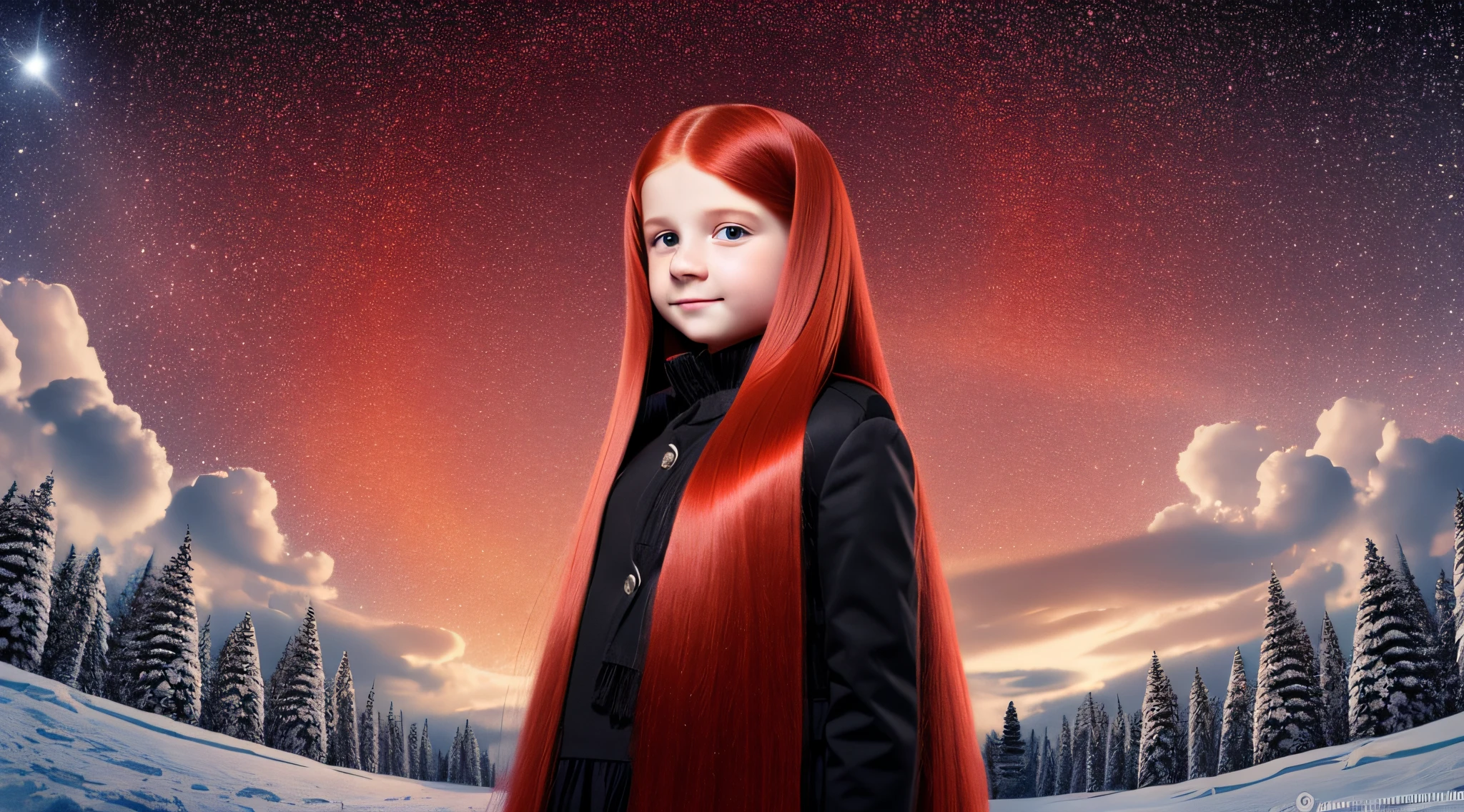 GIRLS CHILDREN, redhead WITH VERY LONG STRAIGHT HAIR, BLACK RUSSIAN STYLE WINTER UCHANKAS, red background.