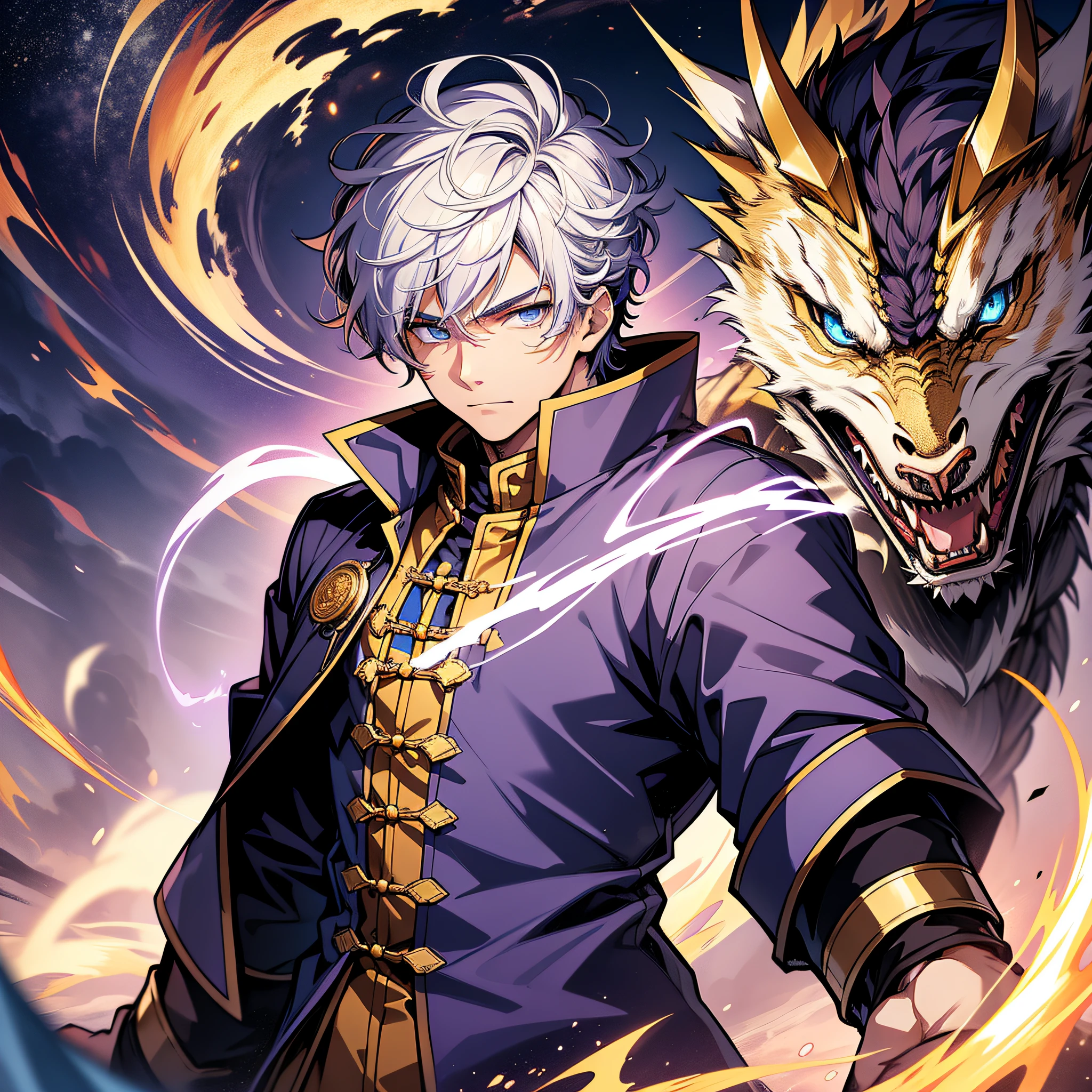 Ultra HD, Super Detail, High Detail, Best Quality, High Quality, High Quality, A boy with short white hair, wearing Chinese purple-gold Taoist robe, blue eyes, lightning mage, Chinese dragon background, cliff front, scattered art