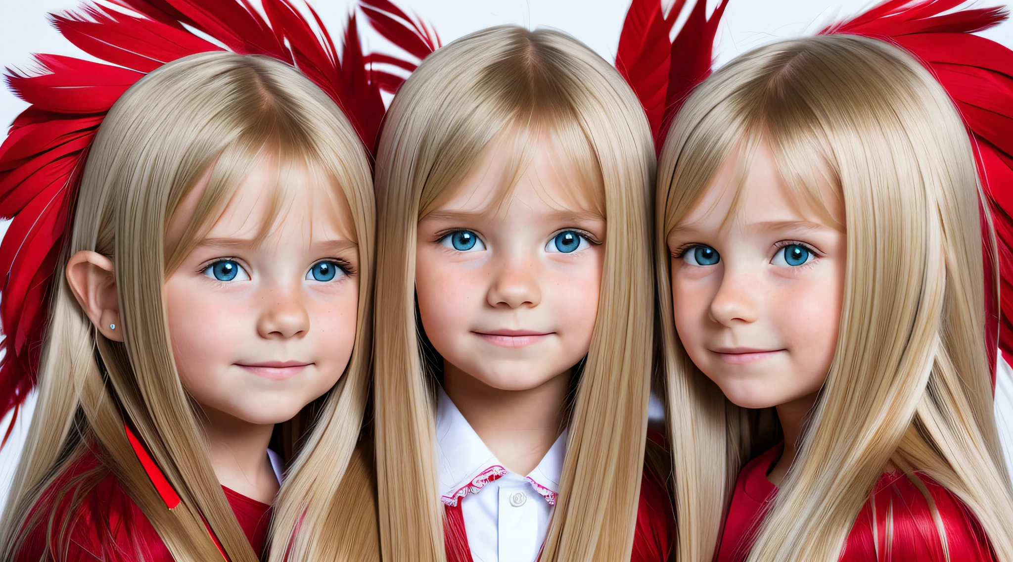 CHILDREN GIRLS, BLONDES WITH VERY LONG STRAIGHT HAIR, WITH MANY RED FEATHERS, WHITE BACKGROUND.