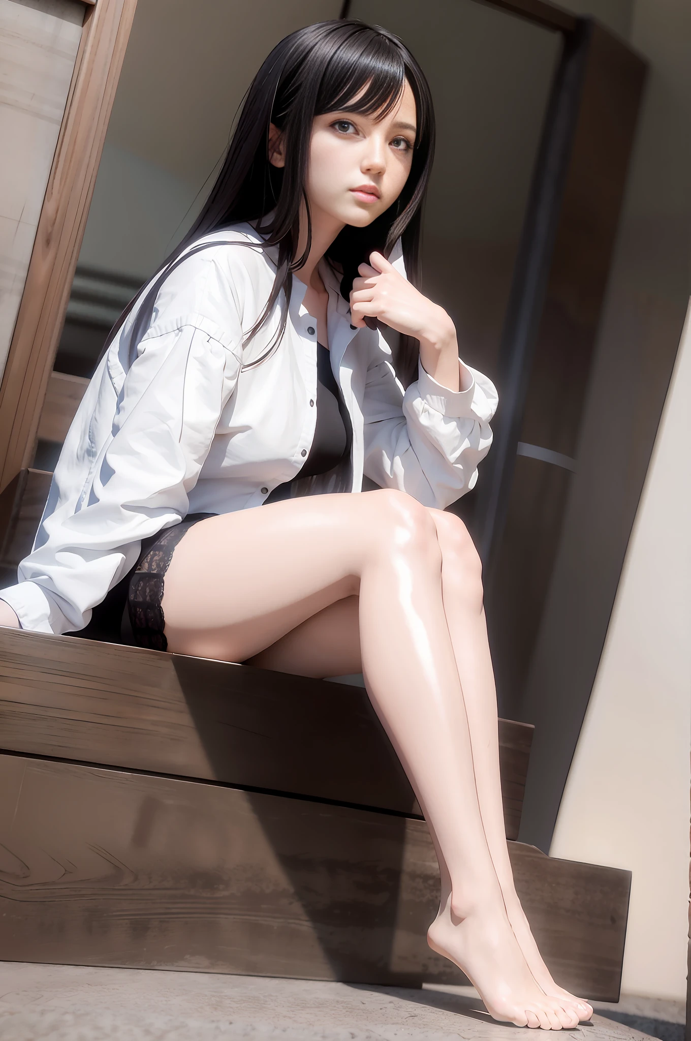 There is a woman sitting cross-legged on the steps, anime girl squatting, anime. Soft lighting, beautiful anime girl squat, realistic anime, popular on CGSTATION, popular on CGSTATION, seductive anime girl, realistic anime girl rendering, casual pose, [ 4 k realism] !!, realistic anime 3D style, attractive pose, erotic pattern stockings,