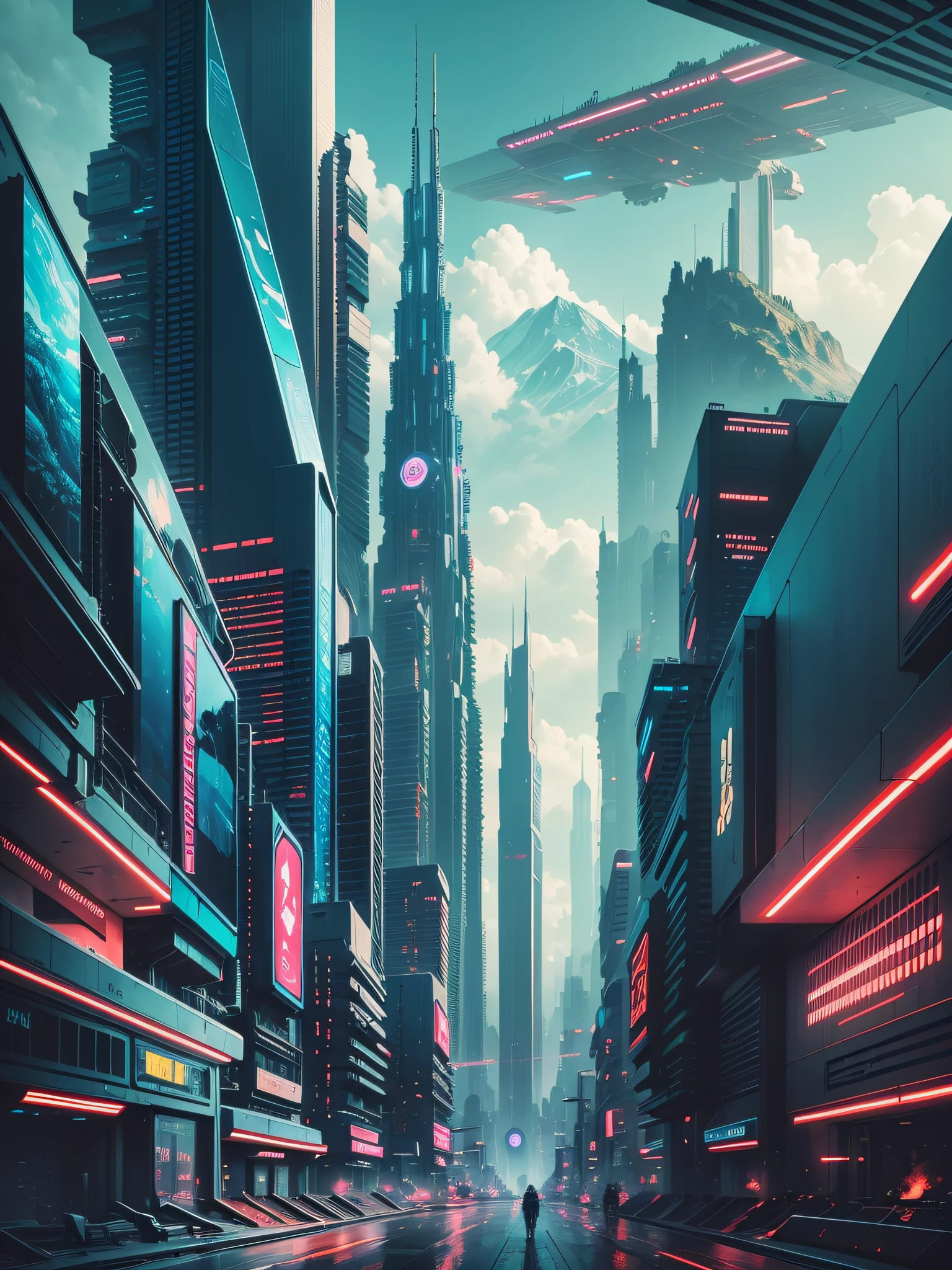 futuristic city, cyberpunk, violence, decadence, futuristic society, mountain, nature, landscape