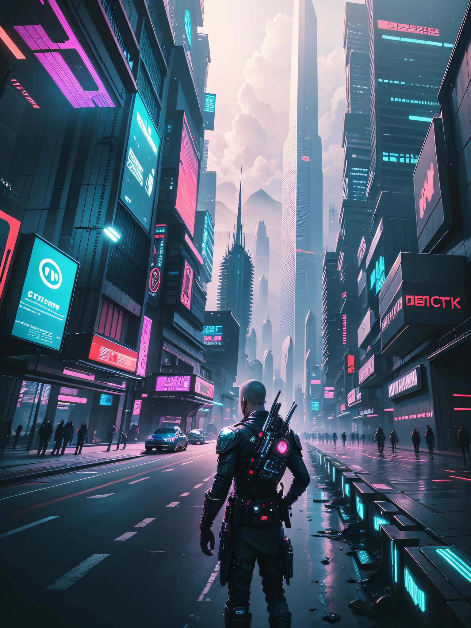 futuristic city, cyberpunk, violence, decadence, futuristic society, mountain, nature, landscape