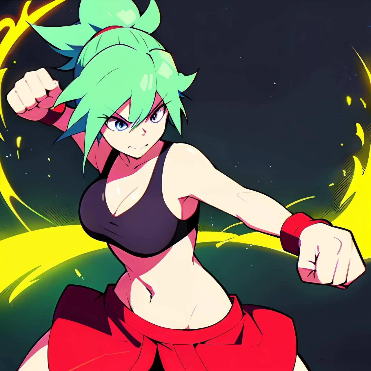 (Fighter) (rpg) (4k) (bare hands) (whole body) (green hair) (man) (powerfull punch)