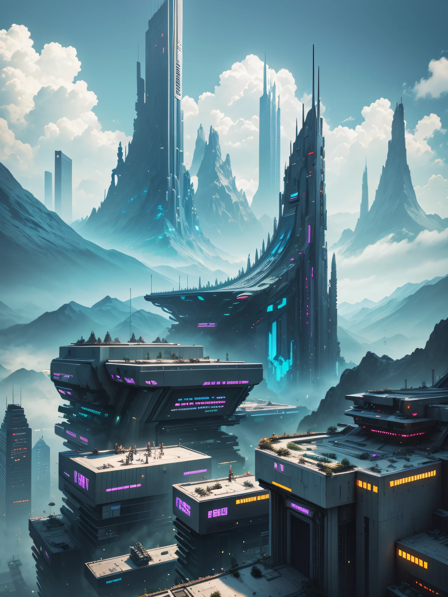 futuristic city, cyberpunk, violence, decadence, futuristic society, mountain, nature, landscape