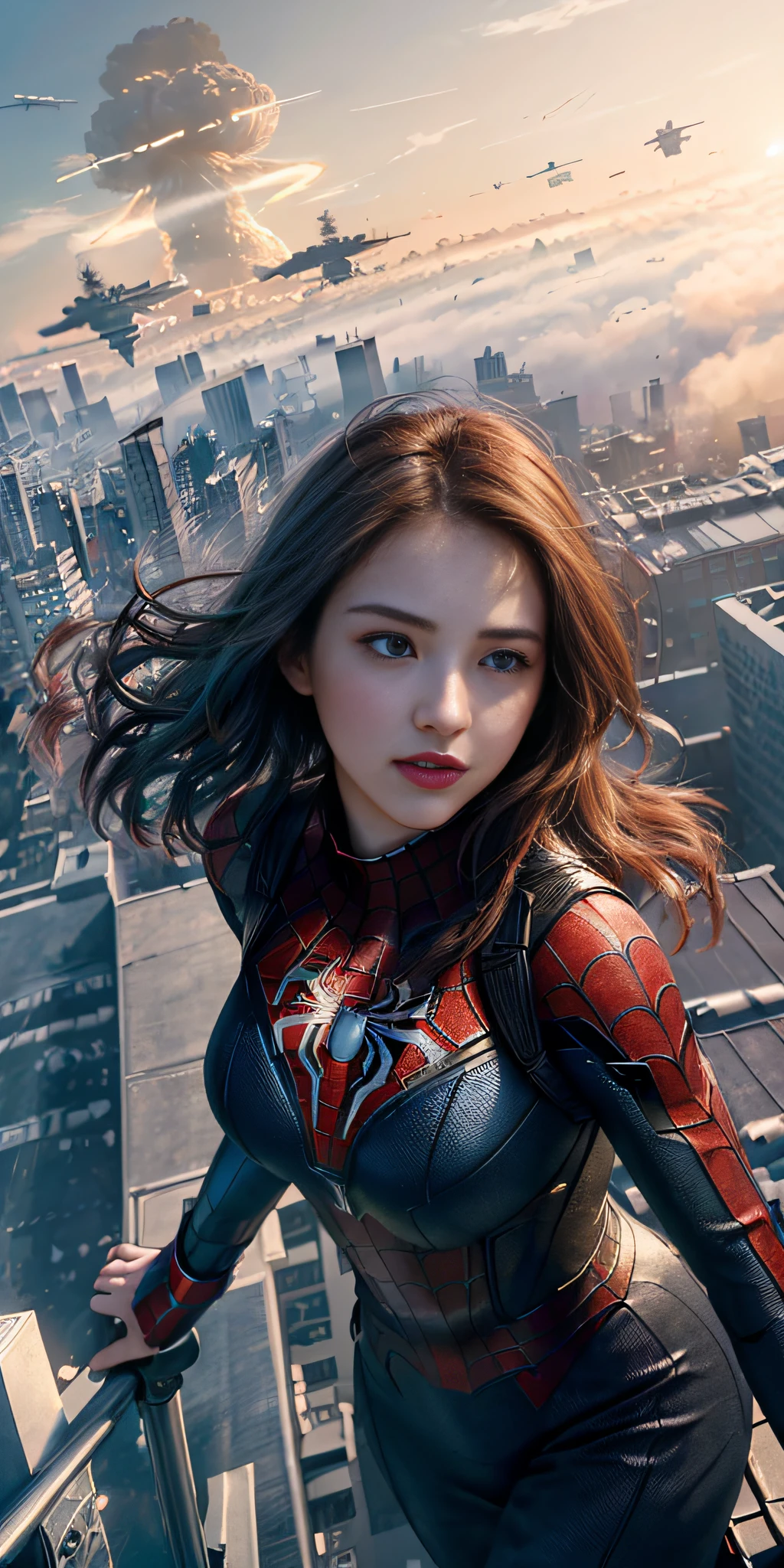 (1girl:1.3), Solo, (((Very detailed face)))), ((Very detailed eyes and face)))), Beautiful detail eyes, Body parts__, Official art, Unified 8k wallpaper, Super detailed, beautiful and beautiful, beautiful, masterpiece, best quality, original, masterpiece, super fine photo, best quality, super high resolution, realistic realism, sunlight, full body portrait, amazing beauty, dynamic pose, delicate face, vibrant eyes, (from the front), She is wearing a Spider-Man suit, red and black color scheme, spider, very detailed city roof background, rooftop, overlooking the city, detailed face, detailed complex busy background, messy, gorgeous, milky white, highly detailed skin, realistic skin details, visible pores, clear focus, volumetric fog, 8k uhd, DSLR, high quality, film grain, fair skin, photo realism, lomography, futuristic dystopian giant metropolis, translucent, large big breasts, Curved, hip-cocked, delicate, in a desperate situation, a mushroom cloud of nuclear explosions in the distance, an airship flying by in the distance