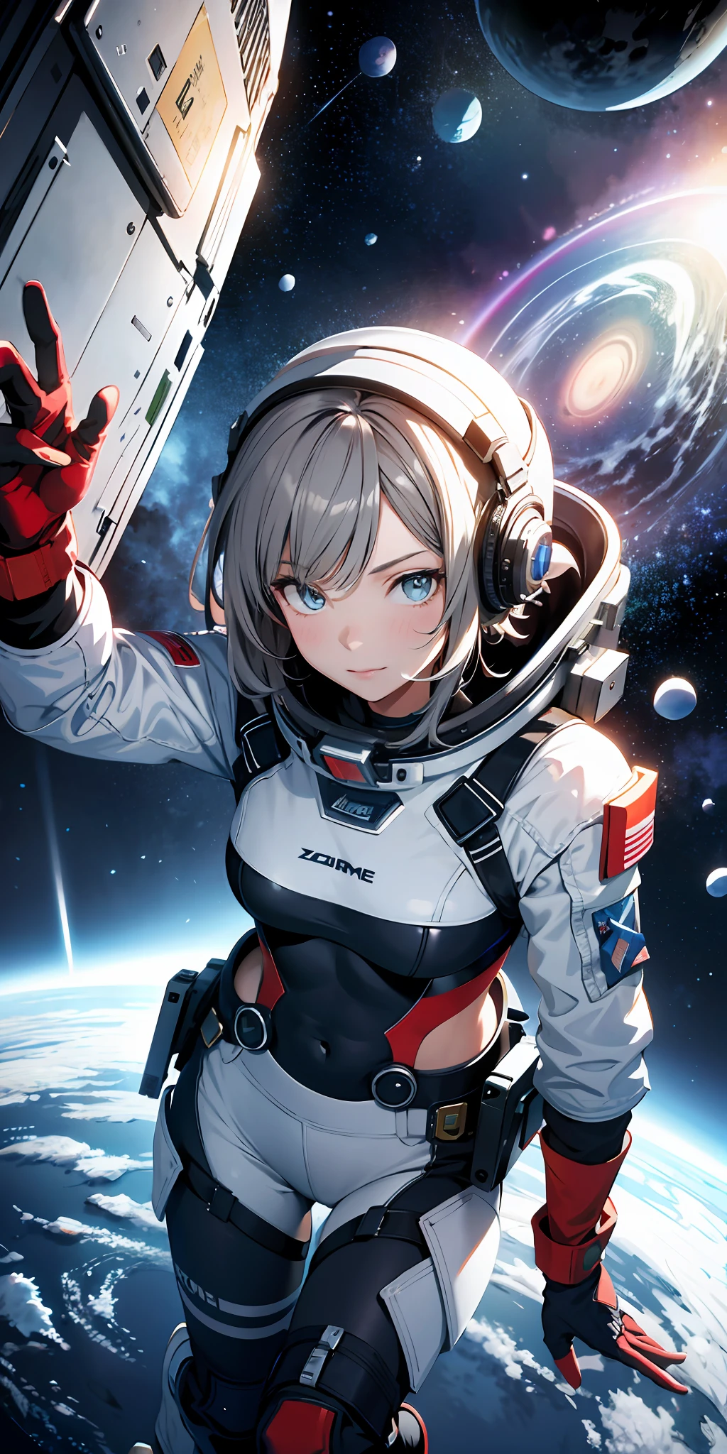 Absurd resolution, high resolution, (masterpiece: 1.4), super detail, girl one, from above, space, floating, spacesuit