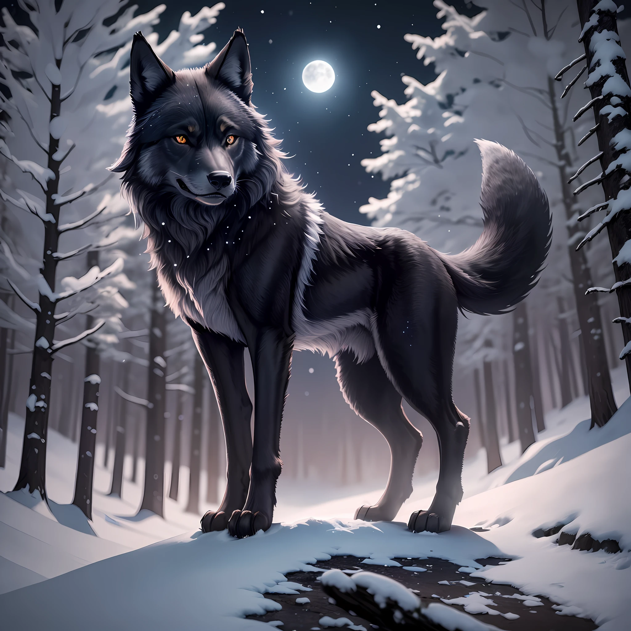 (A small strong black wolf) high on a mountain, dark forest in depth, full moon, dark night sky, simple stars, little snow, depth image, 8k cinematic wallpaper 1.4