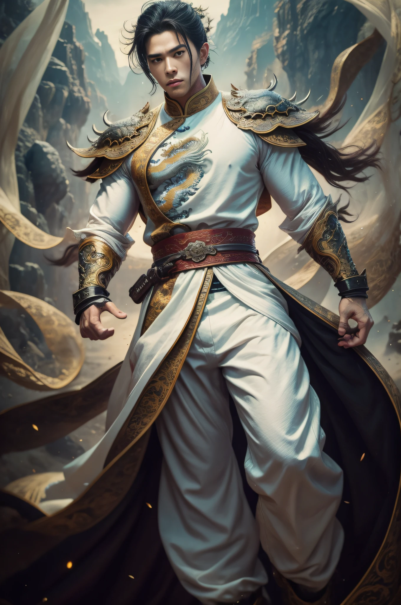 Handsome guy, 25 years old, Asian, master work, best picture quality, higher quality, high detail, super high resolution, (realistic: 1.4) 8k resolution, delicate facial features, boys, big muscles, tattoos, glowing eyes, short hair, white black hair, hair details, (full body: 0.6), detailed background , [[look away, look to the side, emphasize homosexuality and pay attention to every detail , open Hanfu transparent tulle jacket, white rubber pants, (crotch bulge), , Fa gong, earth walking, Chinese kung fu, Fingerless gloves, wristbands, dragon-themed costumes, monk robes, spinning floating particles, dynamic composition, desert background, flying sand, earth escape, very much dirt, flying sand around the body