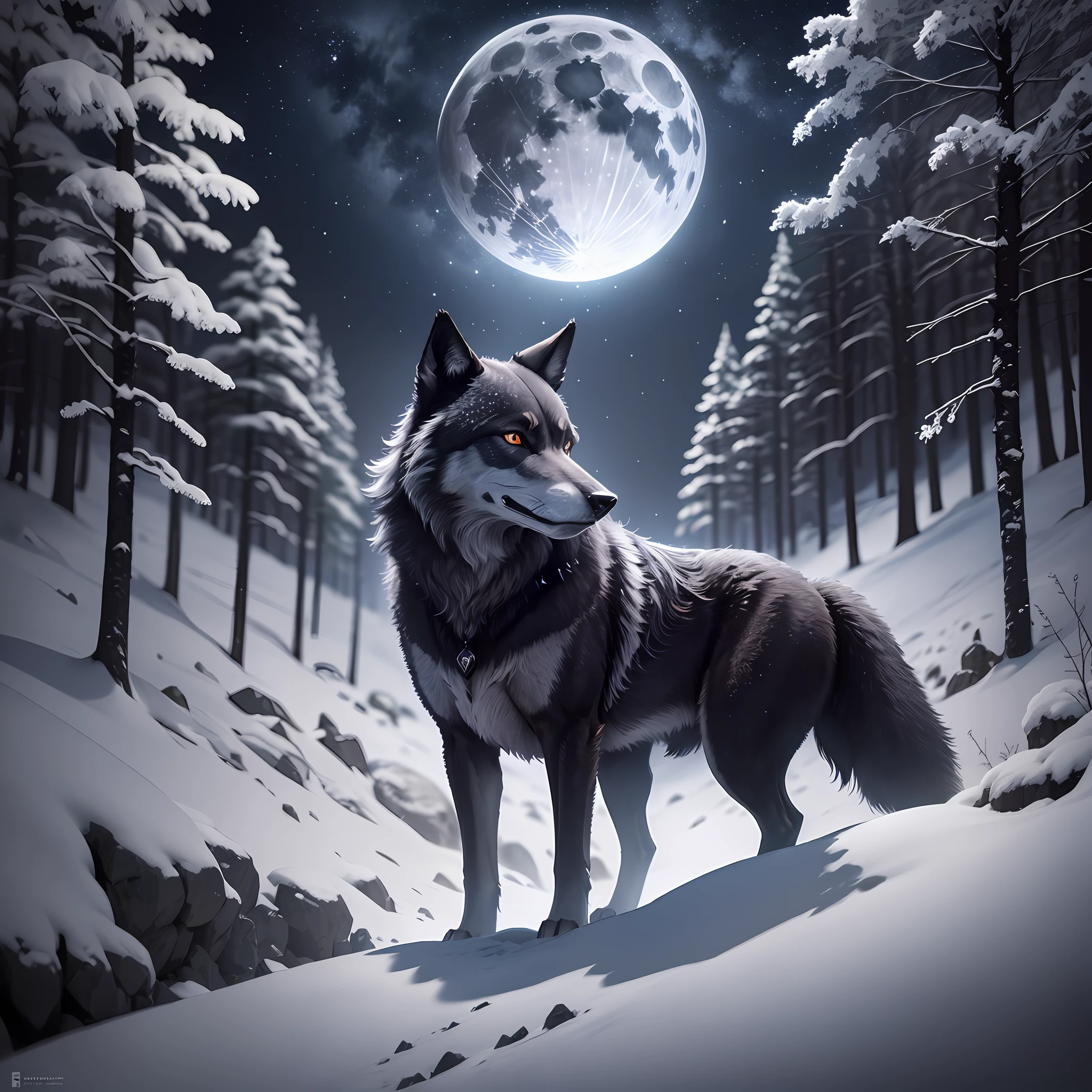 (A small strong black wolf) high on a mountain, dark forest in depth, full moon, dark night sky, simple stars, little snow, depth image, 8k cinematic wallpaper 1.4