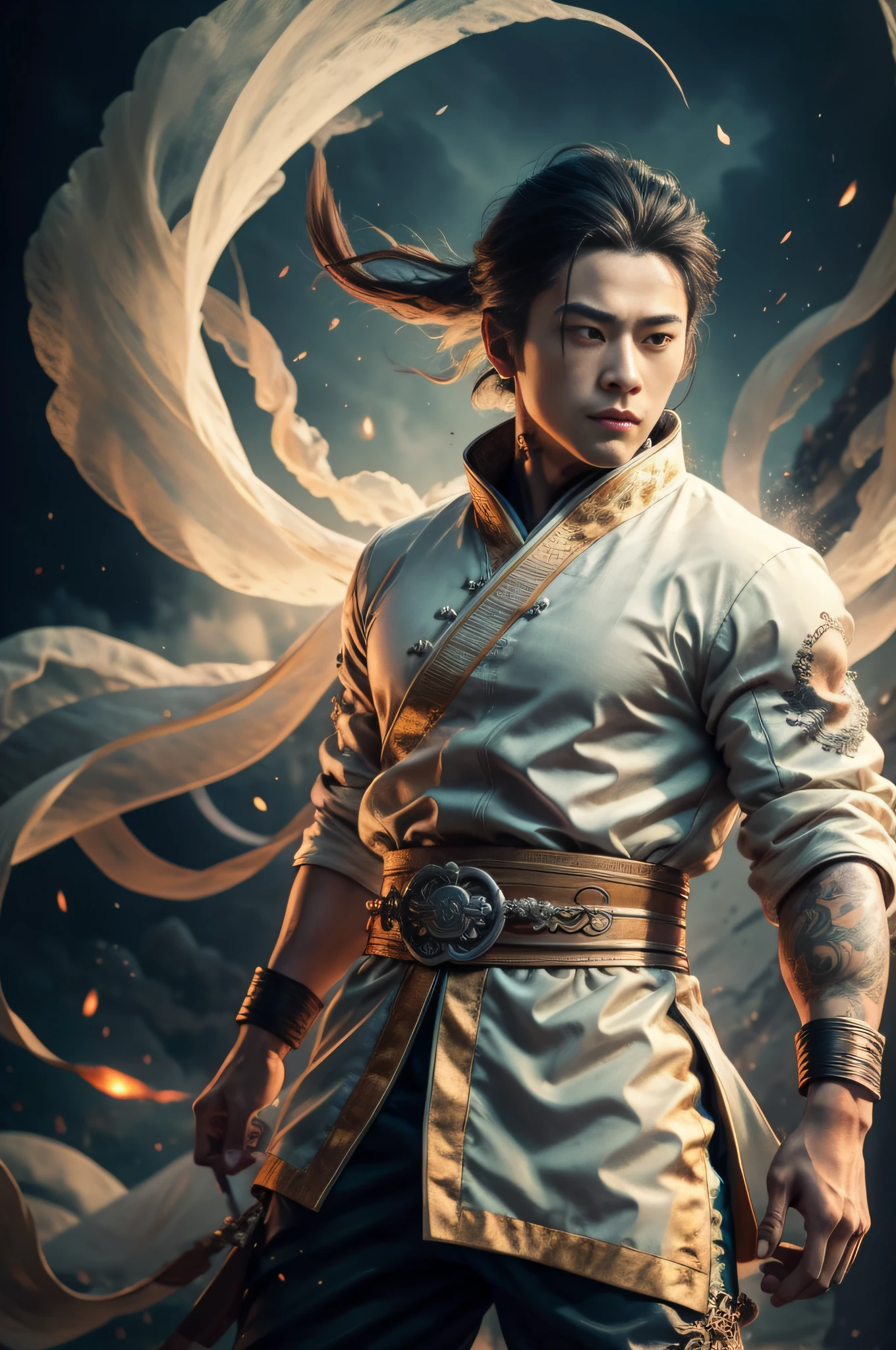 Handsome guy, 25 years old, Asian, master work, best picture quality, higher quality, high detail, super high resolution, (realistic: 1.4) 8k resolution, delicate facial features, boys, big muscles, tattoos, glowing eyes, short hair, white black hair, hair details, (full body: 0.6), detailed background , [[look away, look to the side, emphasize homosexuality and pay attention to every detail , open Hanfu transparent tulle jacket, white rubber pants, (crotch bulge), , Fa gong, earth walking, Chinese kung fu, Fingerless gloves, wristbands, dragon-themed costumes, monk robes, spinning floating particles, dynamic composition, desert background, flying sand, earth escape, very much dirt, flying sand around the body