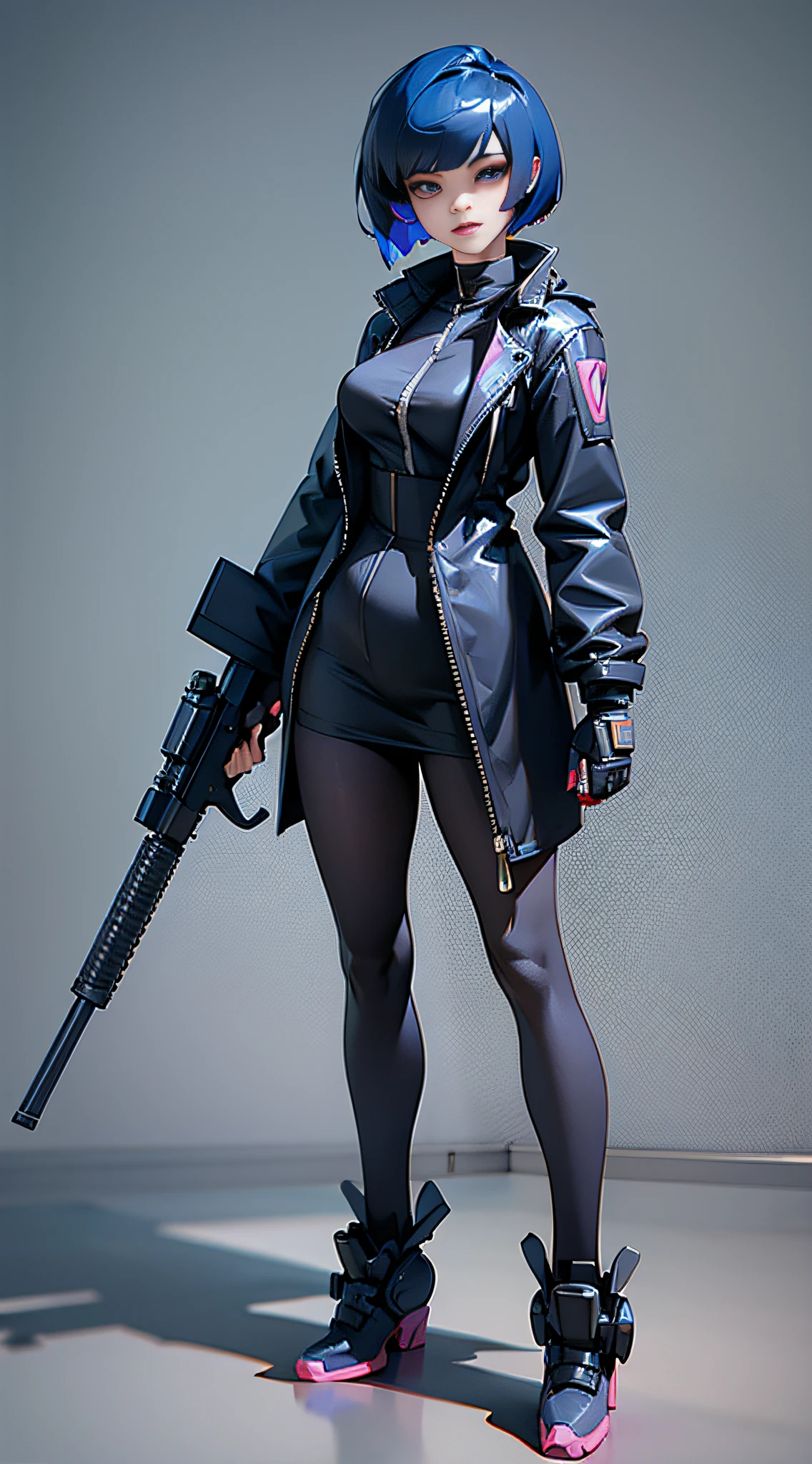 a woman with short blue hair and black lipstick, inspired by Leng Mei, d. va of Overwatch, 3D anime style of black lingo overcoat with an m4 rifle