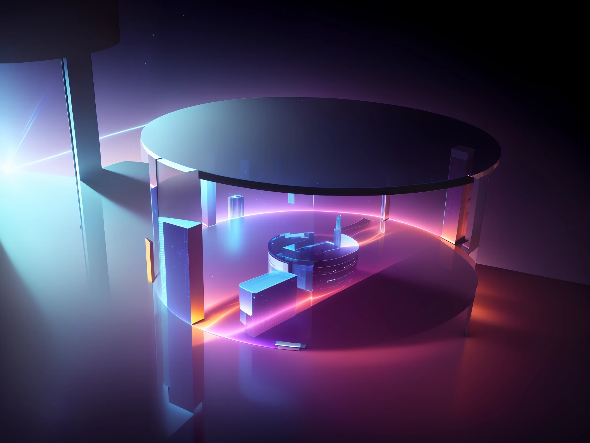 Cylindrical space with glass countertop and metal base table, 3d holographic view of the entire city on the table, Surrealism, vanishing point, sparkle, sparkle, glowing light, god rays, macro photo, UHD, retina, masterpiece, UHD, retina, 1080P, best quality