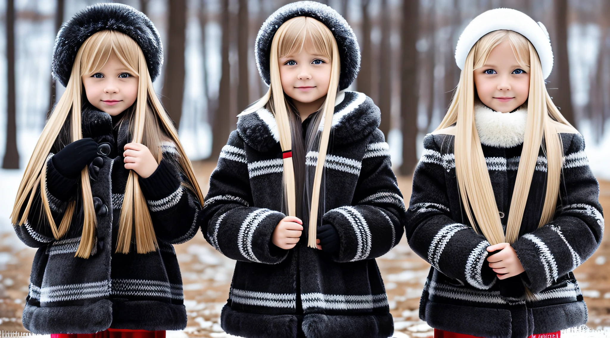 GIRLS CHILDREN, BLONDES WITH VERY LONG STRAIGHT HAIR, BLACK RUSSIAN STYLE WINTER UCHANKA.