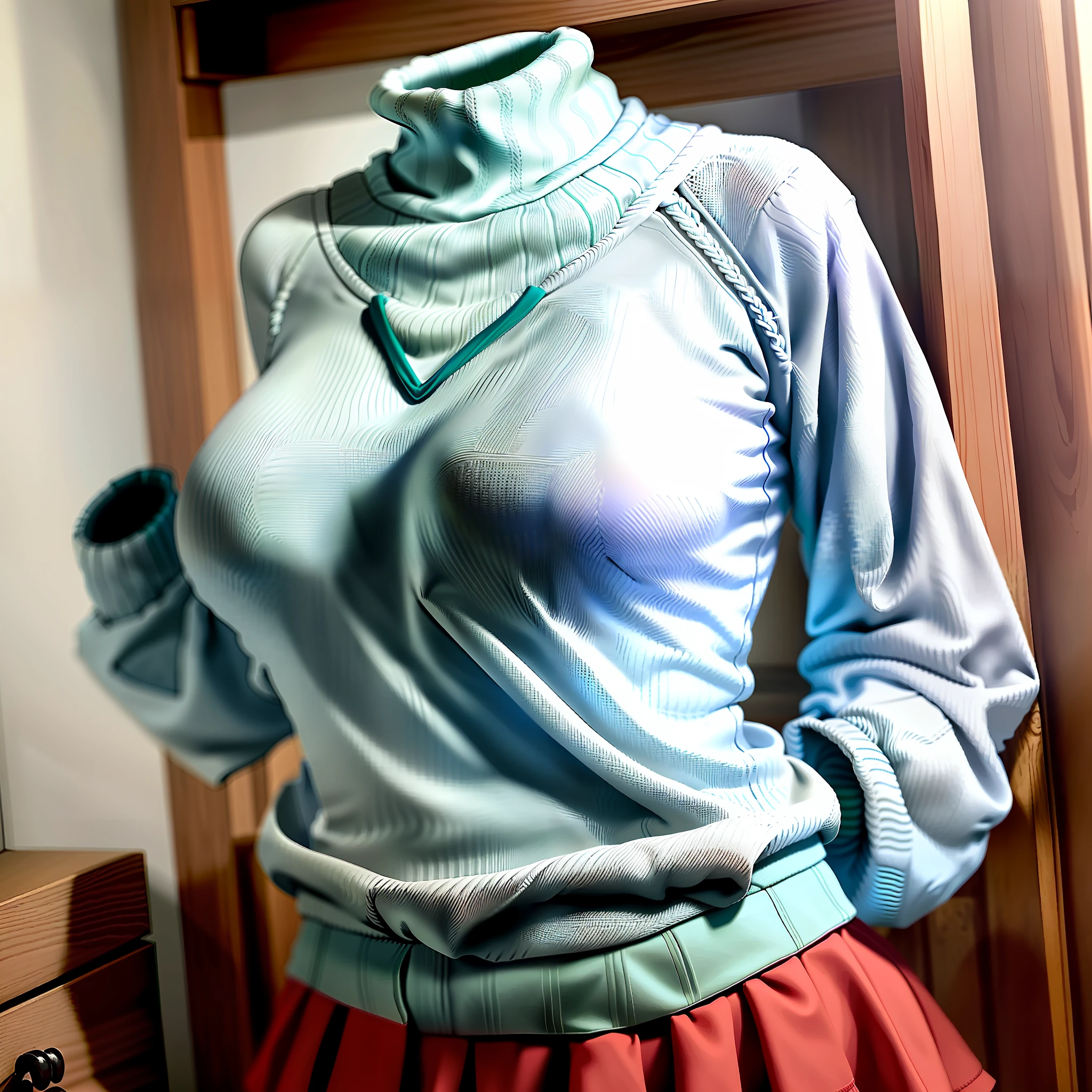 Invisible girls, world without humans, headless, girl's sweaters, (realistic: 0), headless, empty, handless, headless, invisible girls, girl's sweaters with cleavages, empty clothes, invisible body, invisible head, empty clothes, invisible girl, hanger girl's sweaters with cleavages, invisible body, invisible head, girl's sweaters has big breasts and cleavages, hanger girl's sweaters in a closet swells as if worn by invisible busty girls, girl's busty girl's sweaters begin to fold their sleeves and to raise their sleeves on its own as if worn by invisible girls, hanger girl's sweaters has big breasts and cleavages, high angle,  raise girl's sweaters sleeves on its own, cleavages