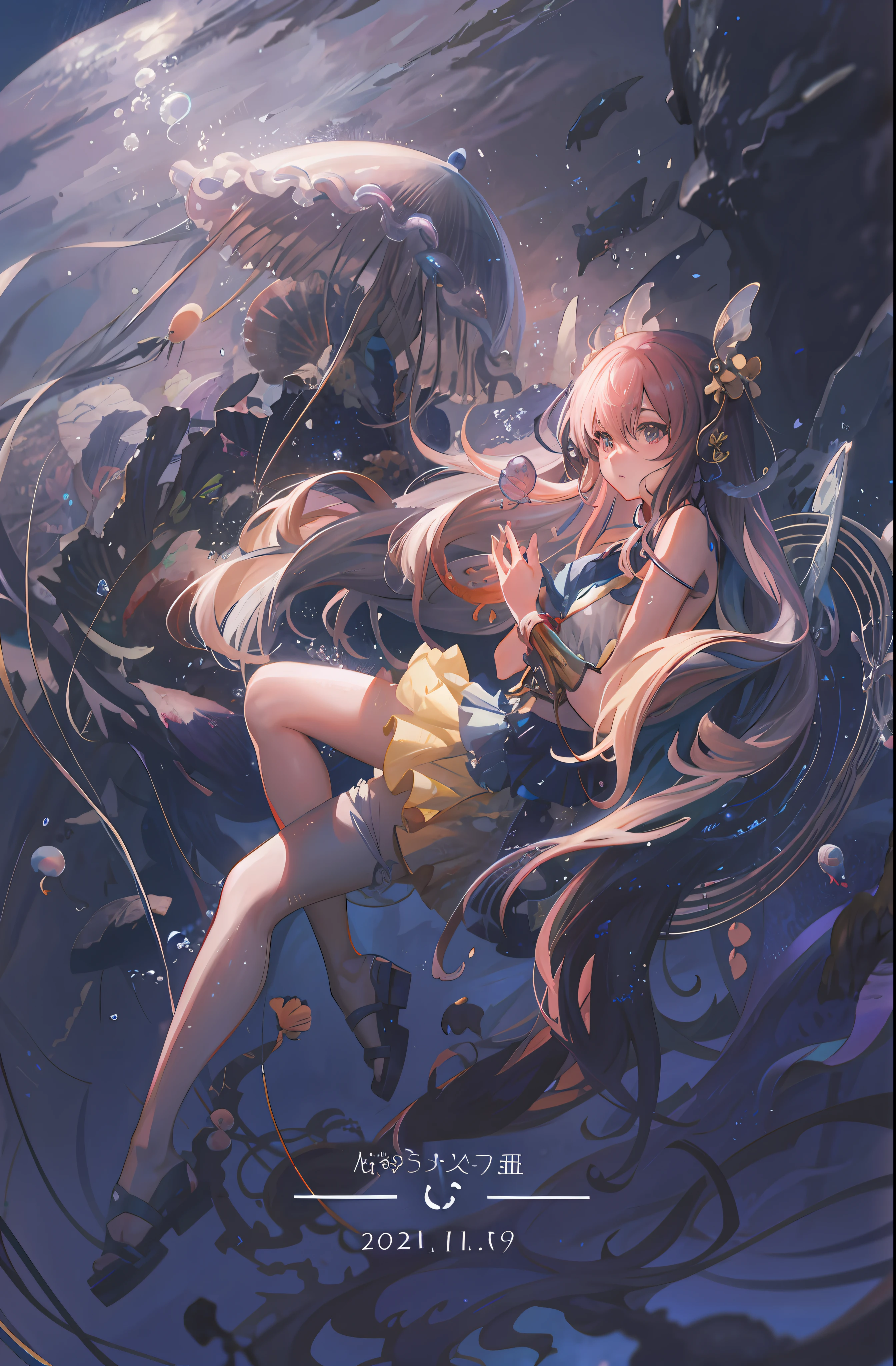 Bubbles, jellyfish, anime poster of a woman in bikini underwater, beautiful anime artwork, anime fantasy artwork, anime epic artwork, digital art on pixiv, anime art wallpaper 8 K, anime art wallpaper 4k, anime art wallpaper 4 k, anime style 4 k, anime fantasy illustration, 4k anime wallpaper, beautiful fantasy anime, highest rated on pixiv