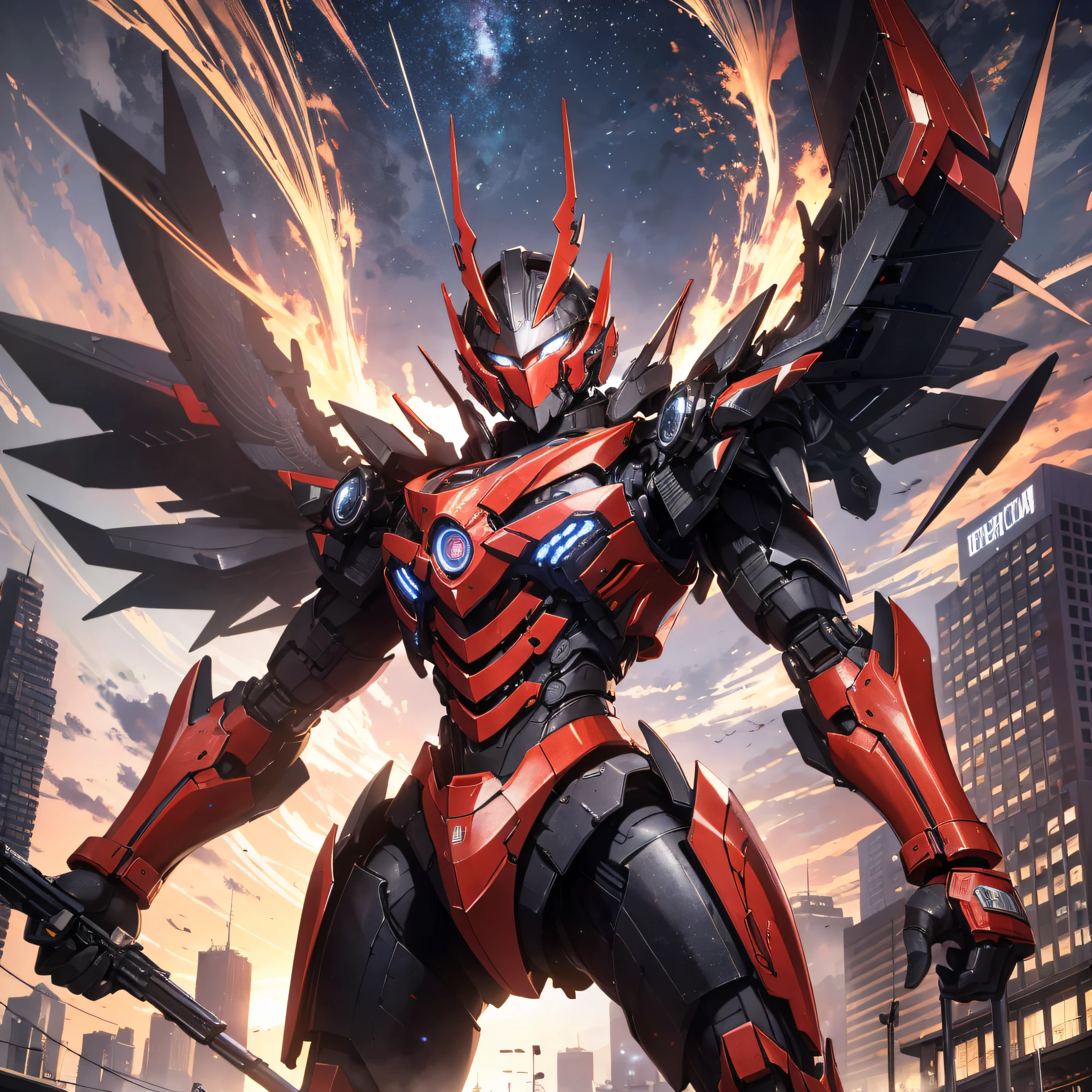 Absurd resolution, high resolution, (masterpiece: 1.4), hyper-detailed, night, standing by the side of the road, a mech, red armor red wings, outstretched arms (1.3)